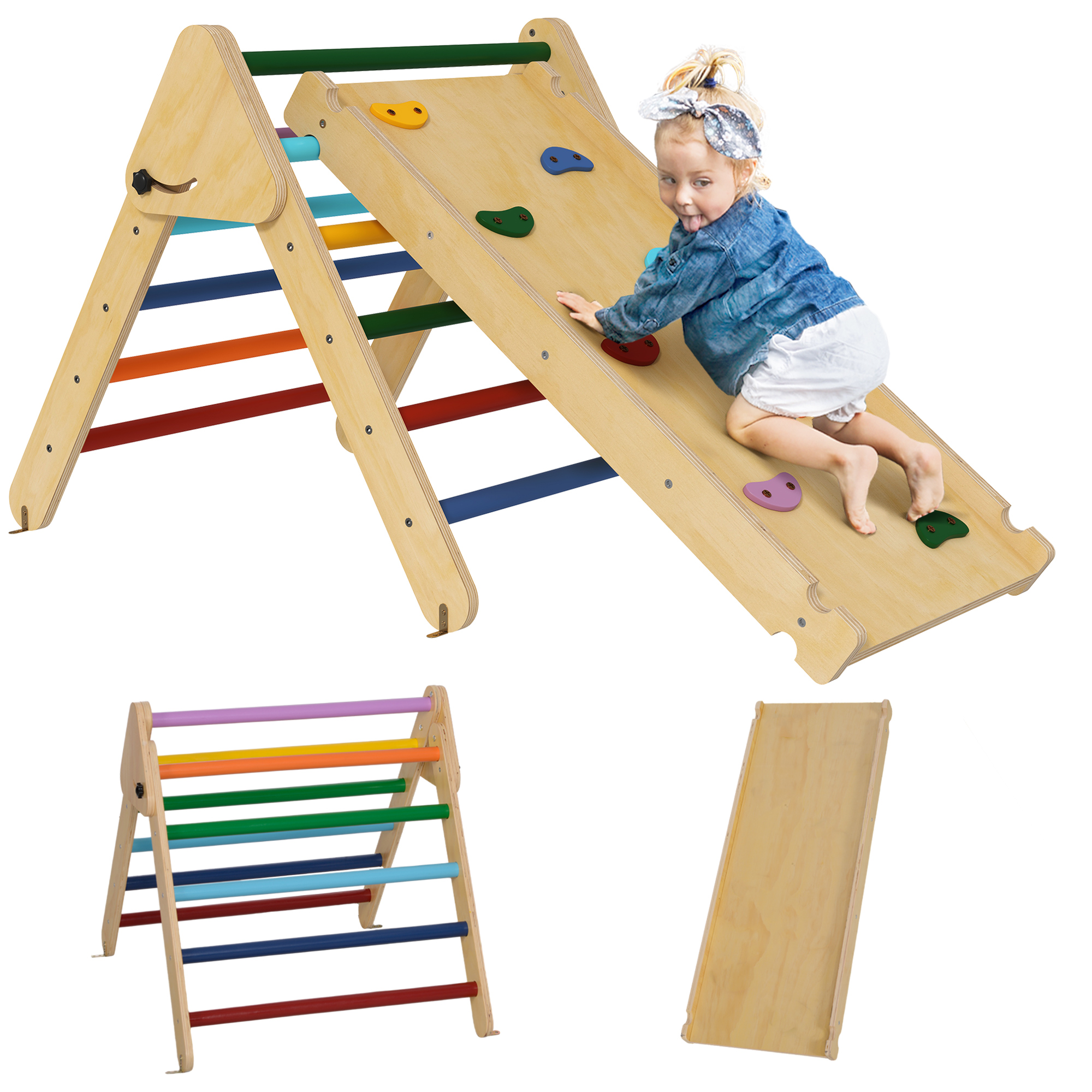 AIYAPLAY Toddler Climbing Frame for Kids with Ramp, 3 in 1 Wooden Pikler Triangle Set for 18-48... from Aosom