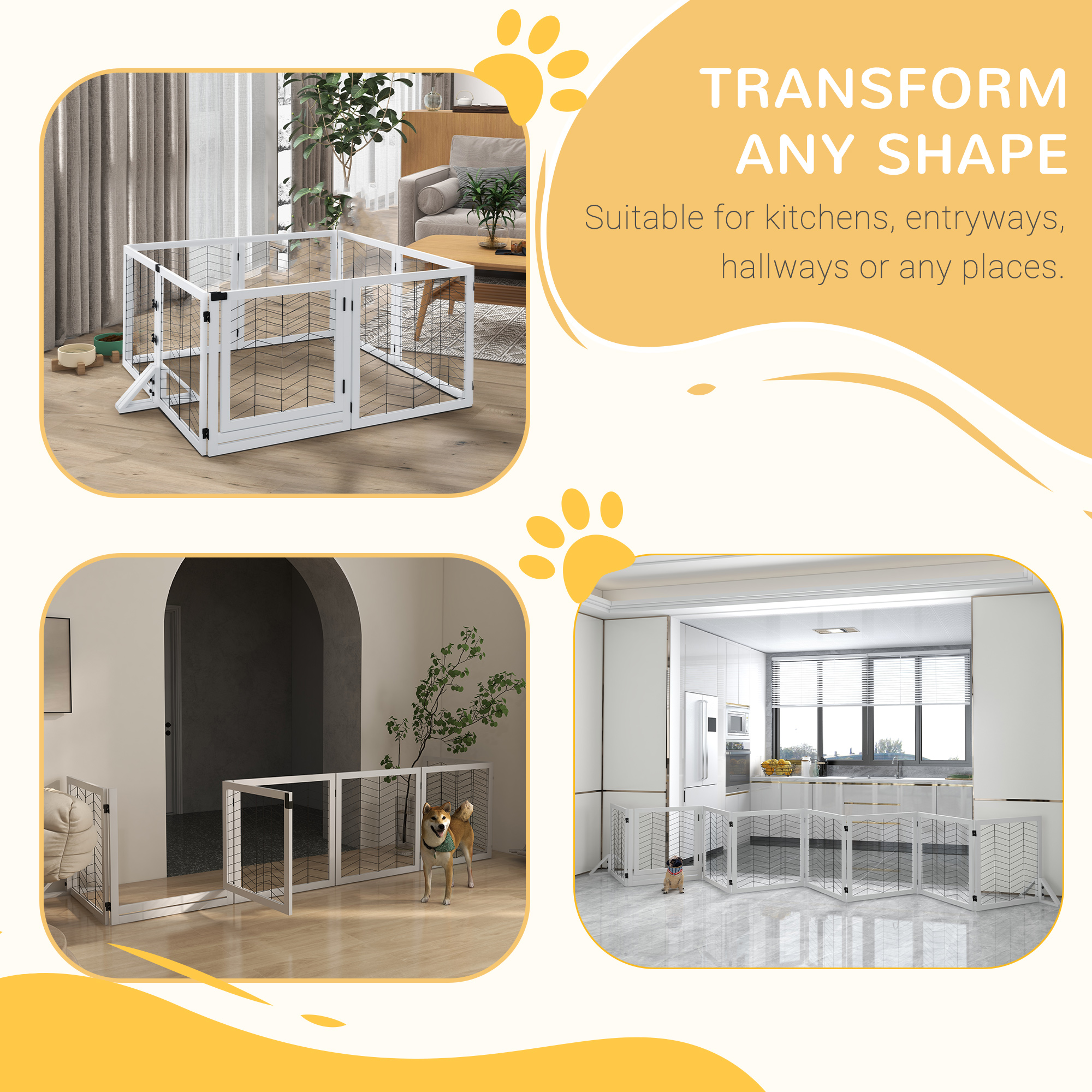PawHut 8 Panels Foldable Pet Gate with Support Feet, for House, Doorway, Stairs, Small and Medium Dogs White 5