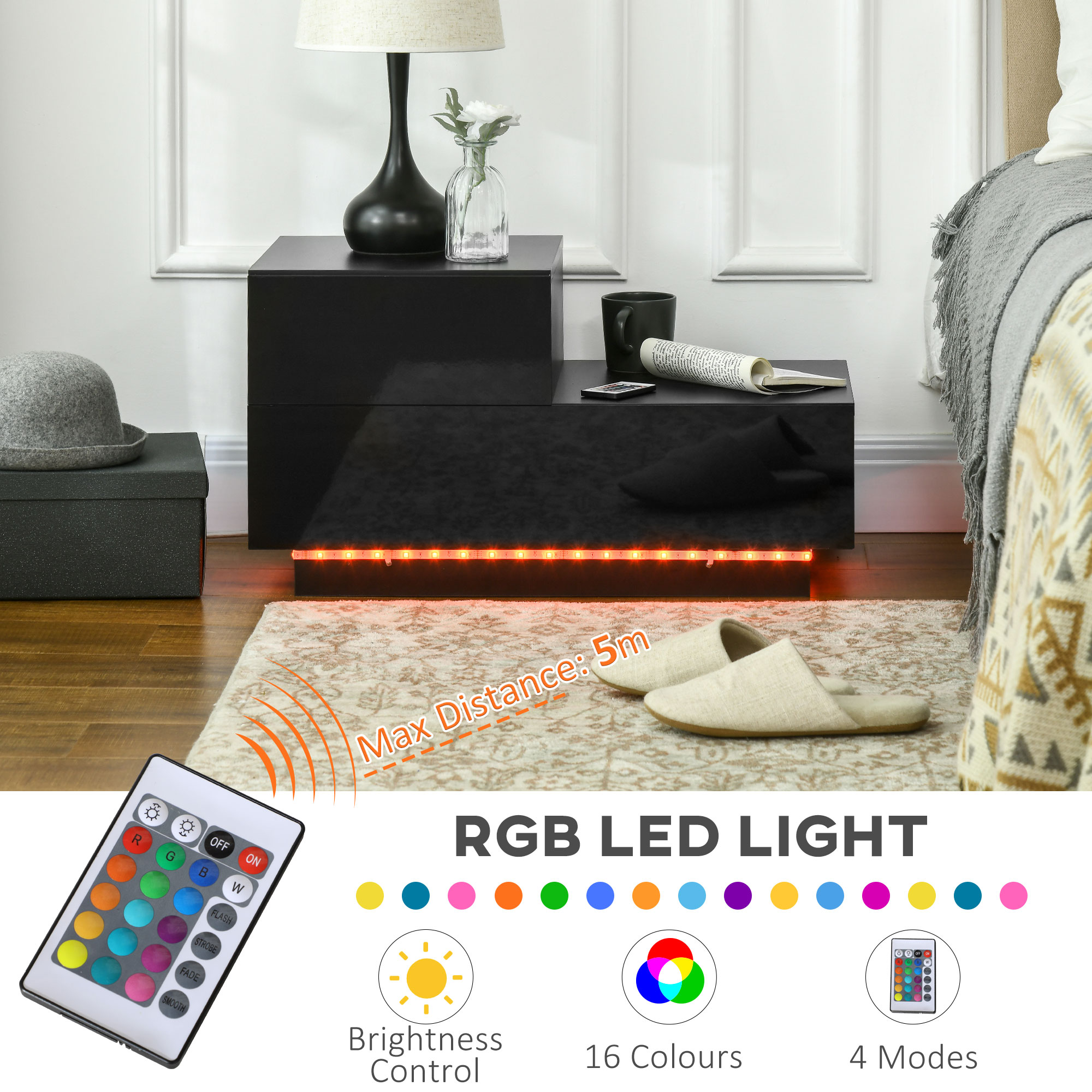 HOMCOM High Gloss Front Bedside Table with Drawers Nightstand with RGB LED Light and Remote for Bedroom Living Room Black 4