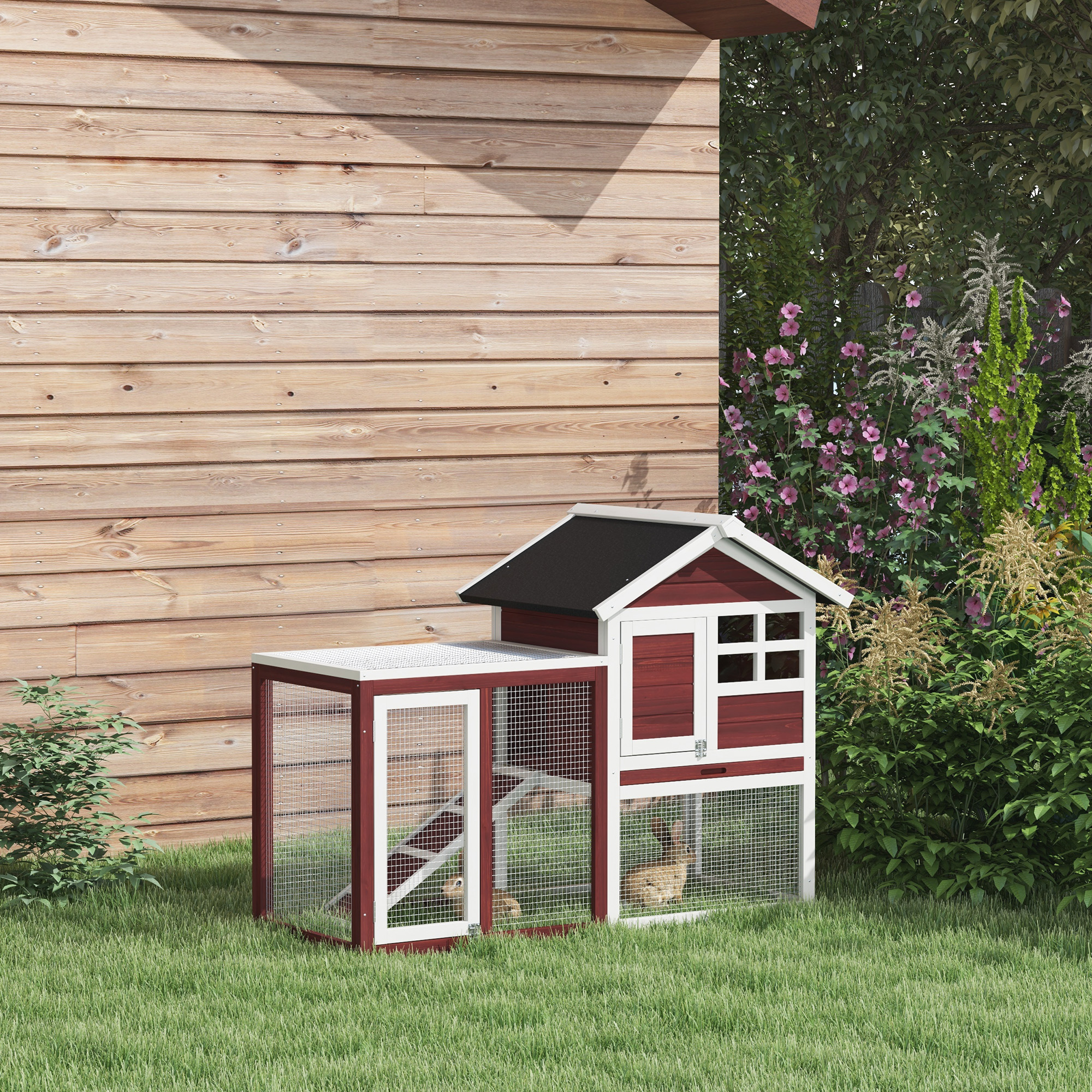 PawHut Rabbit Hutch Outdoor Wooden Guinea Pig Hutch Rabbit Run Bunny Cage Small Animal House Pull-Out Tray, Brown, 122 x 62.6 x 92 cm 2
