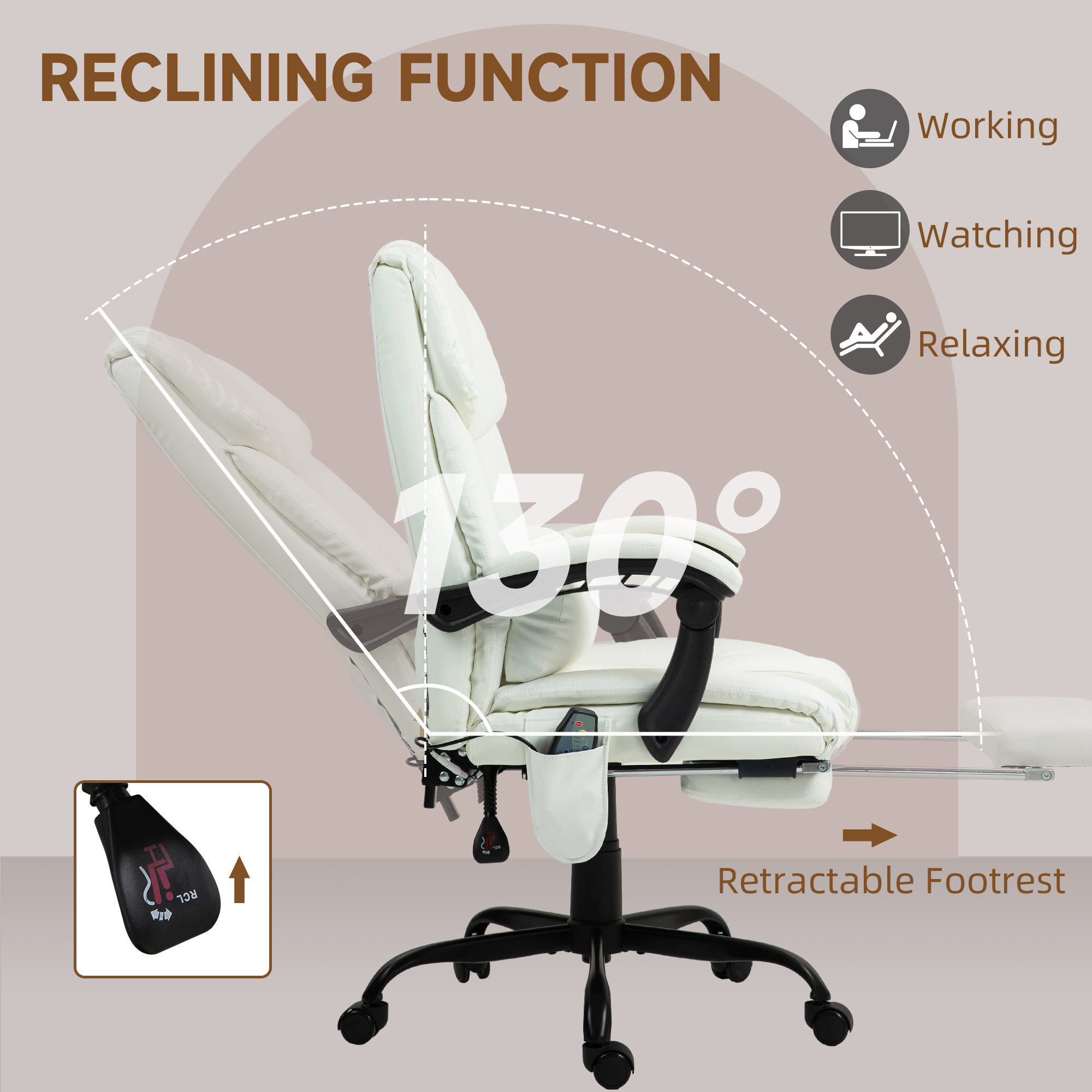 Vinsetto 6-Point Massage Office Chair, PU Leather Desk Chair with Adjustable Height and Footrest for Home Office, White 5