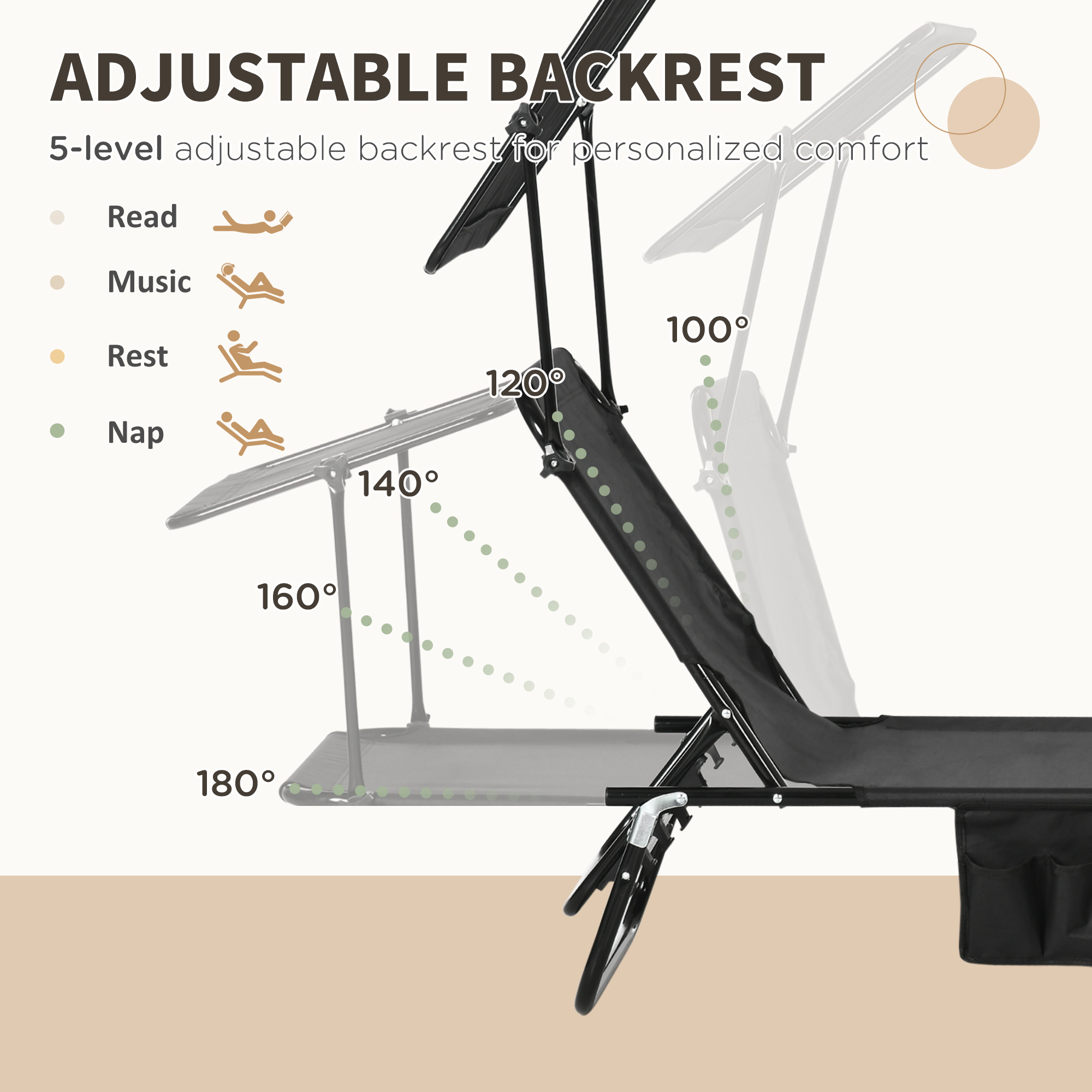 Outsunny Set of Two Folding Sun Loungers, with Adjustable Backs and Sun Canopies Black 4