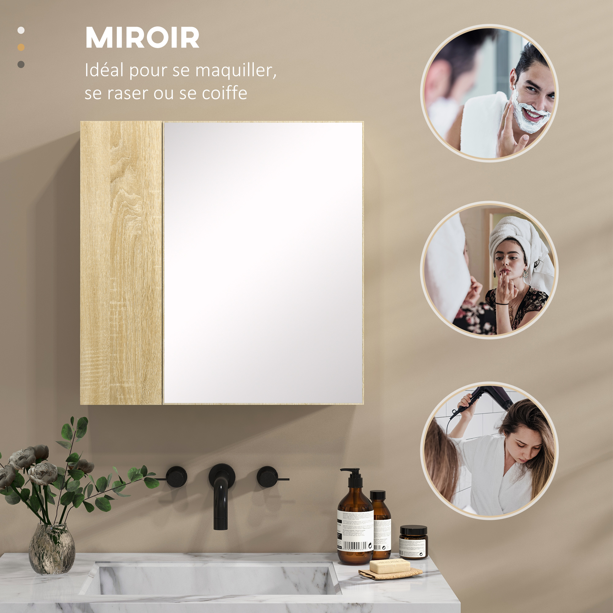 Armoire Salle De Bain Kleankin Avec Miroir - 60x60x15cm, 2 Portes Et 2 Étagères, Style Naturel