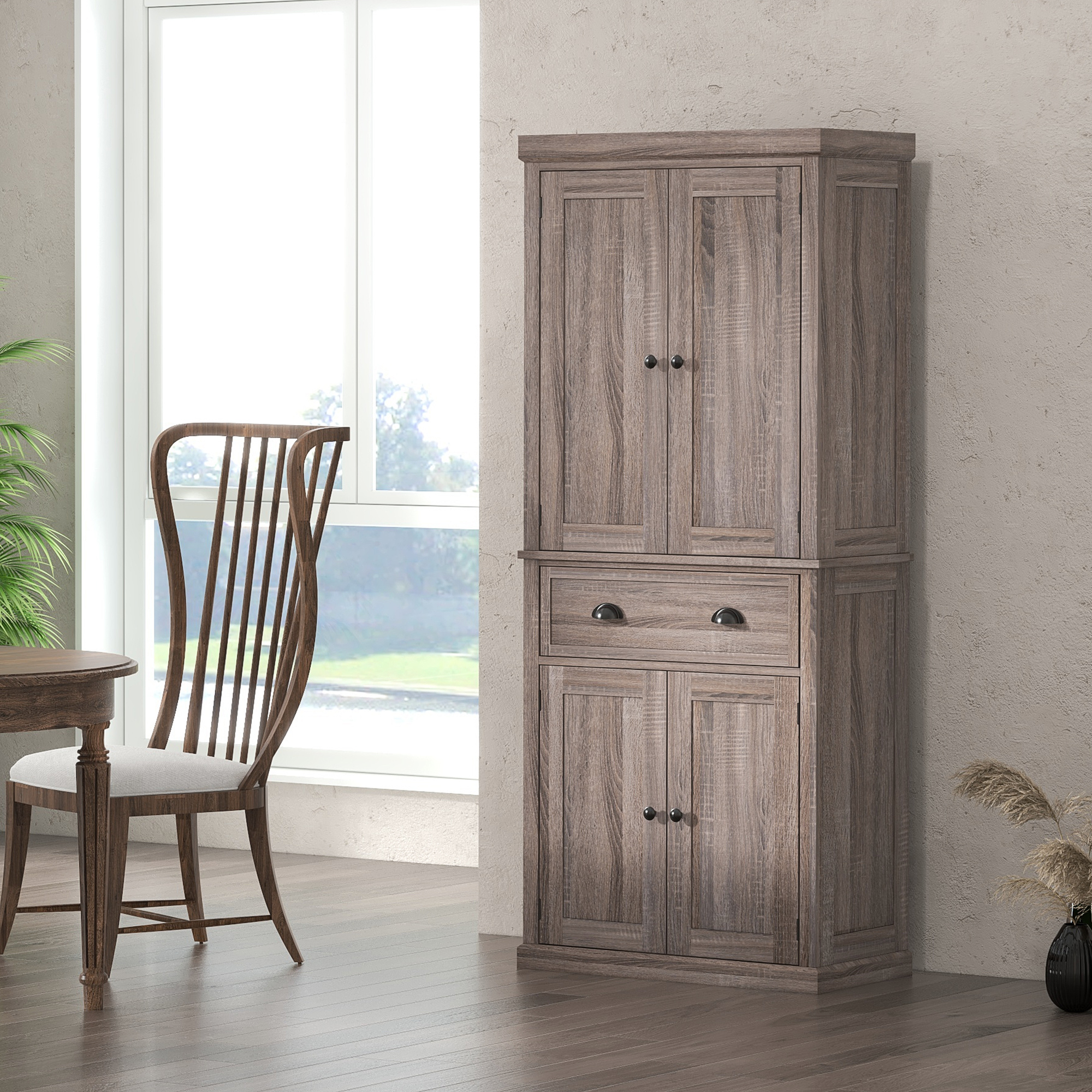 HOMCOM Freestanding Kitchen Cupboard, 184cm Tall Storage Cabinet with Doors and Shelves, Traditional Colonial 4-Door Kitchen Pantry Cupboard with Drawer, Dark Wood Grain 2