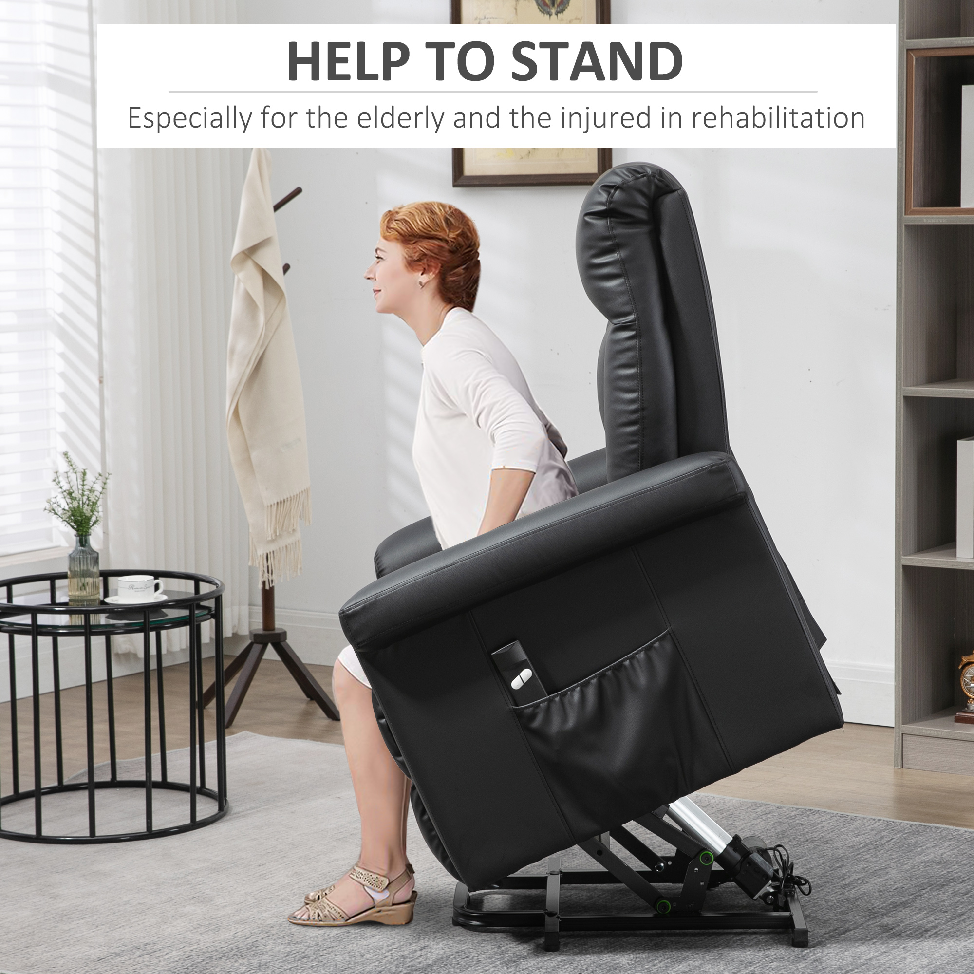 HOMCOM Power Lift Chair Armchair for the Elderly, PU Leather Recliner Chair with Extended Footrest, Remote Control and Side Pocket, Black 4