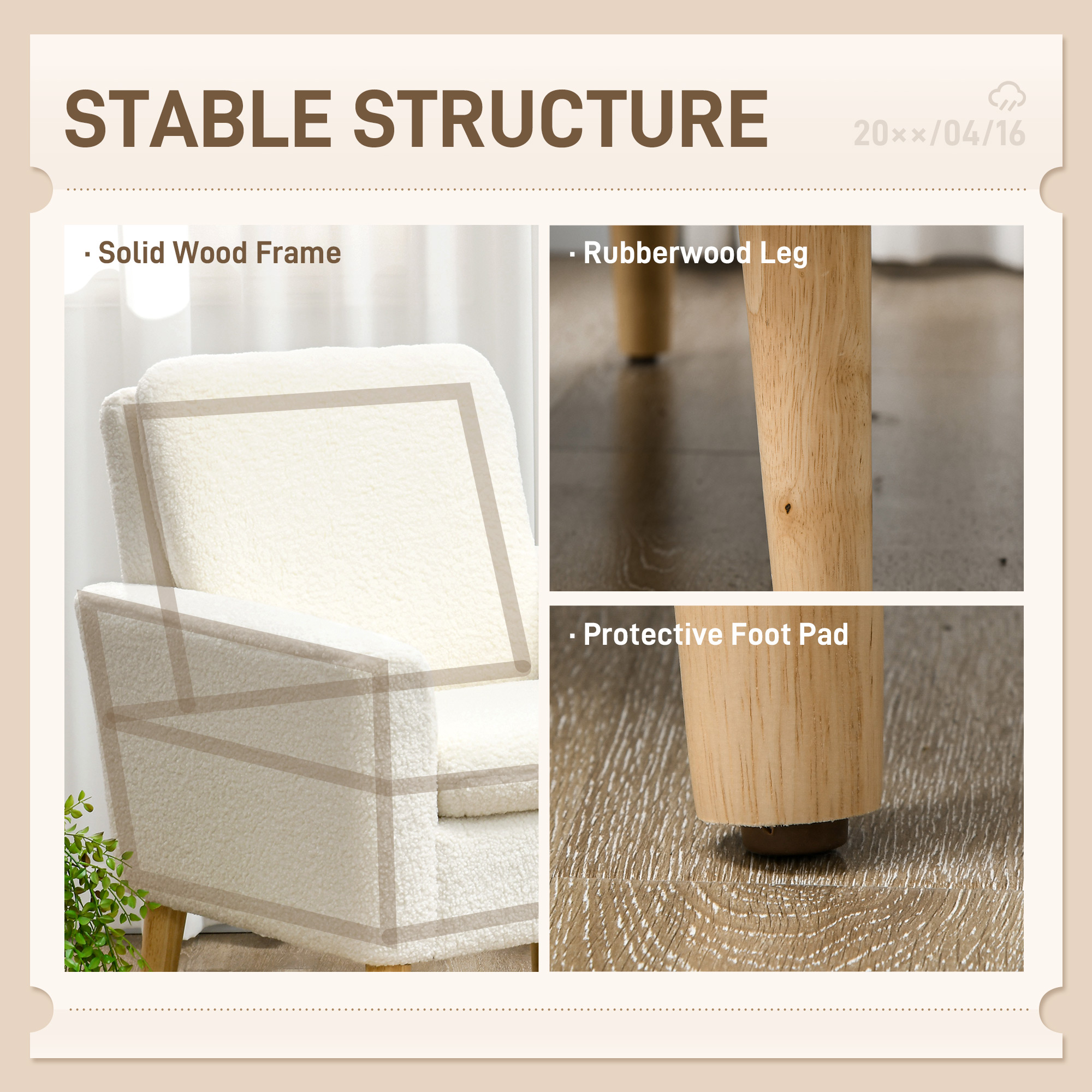 HOMCOM Armchair, Upholstered Accent Chair with Wood Legs and Wide Padded Seat, Teddy Occasional Chair, Cream White 5
