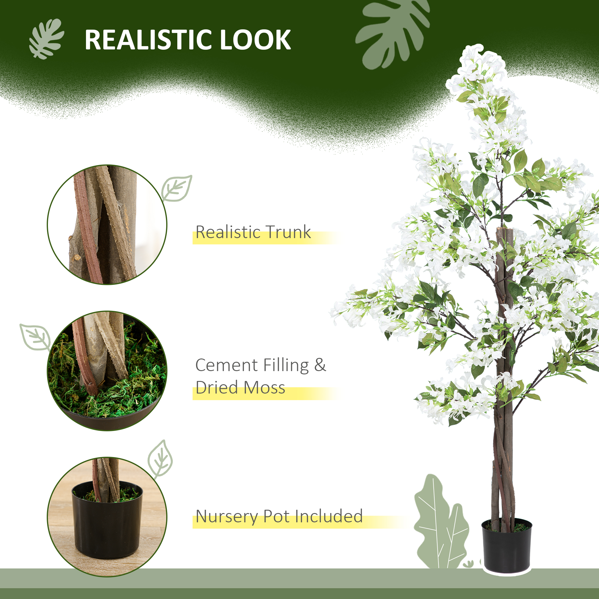 HOMCOM Artificial Plants Honeysuckle Flower in Pot Fake Plants with Curved Boots for Indoor 15x15x150cm White 4