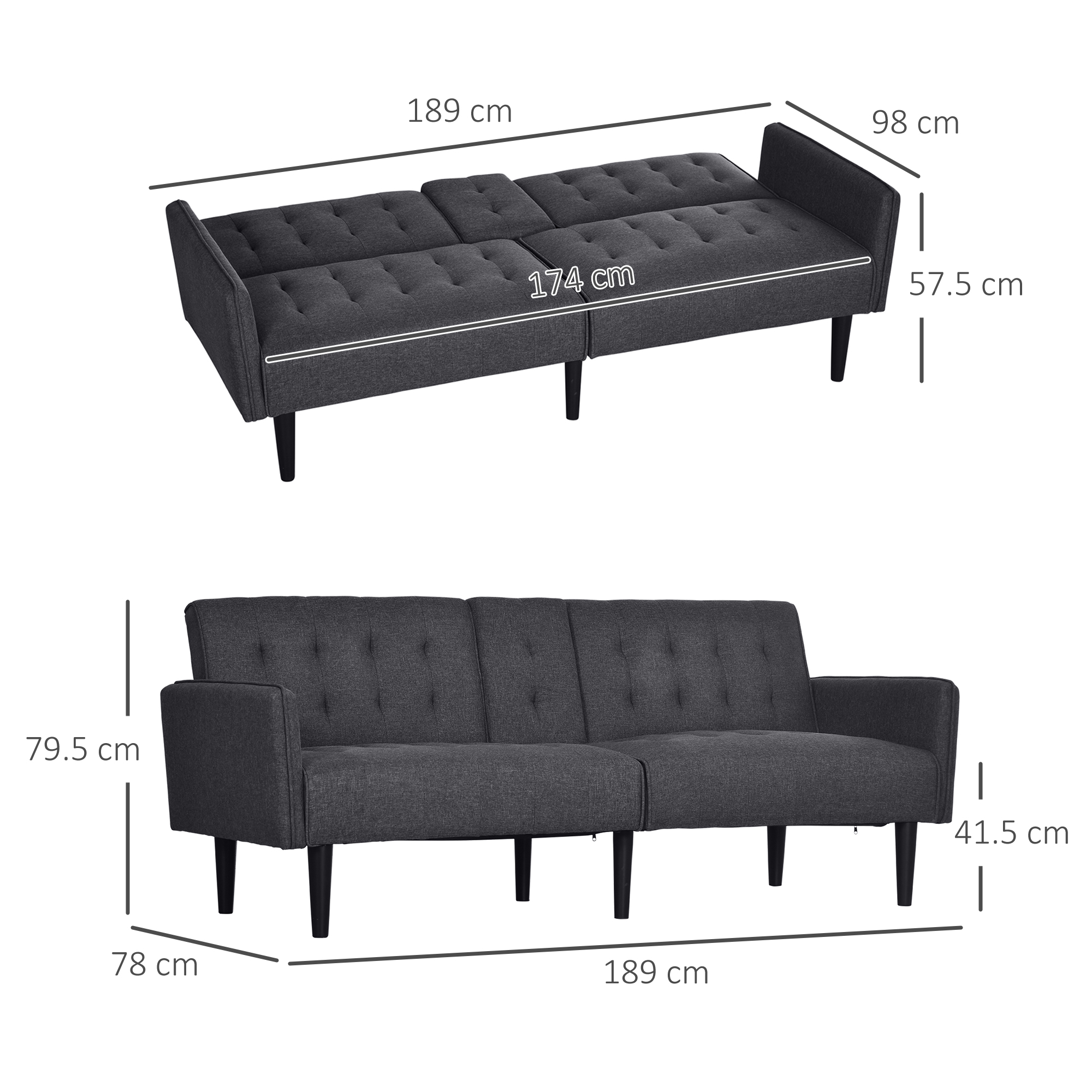 HOMCOM Three-Seater Sofa Bed, with Cupholders Grey 3