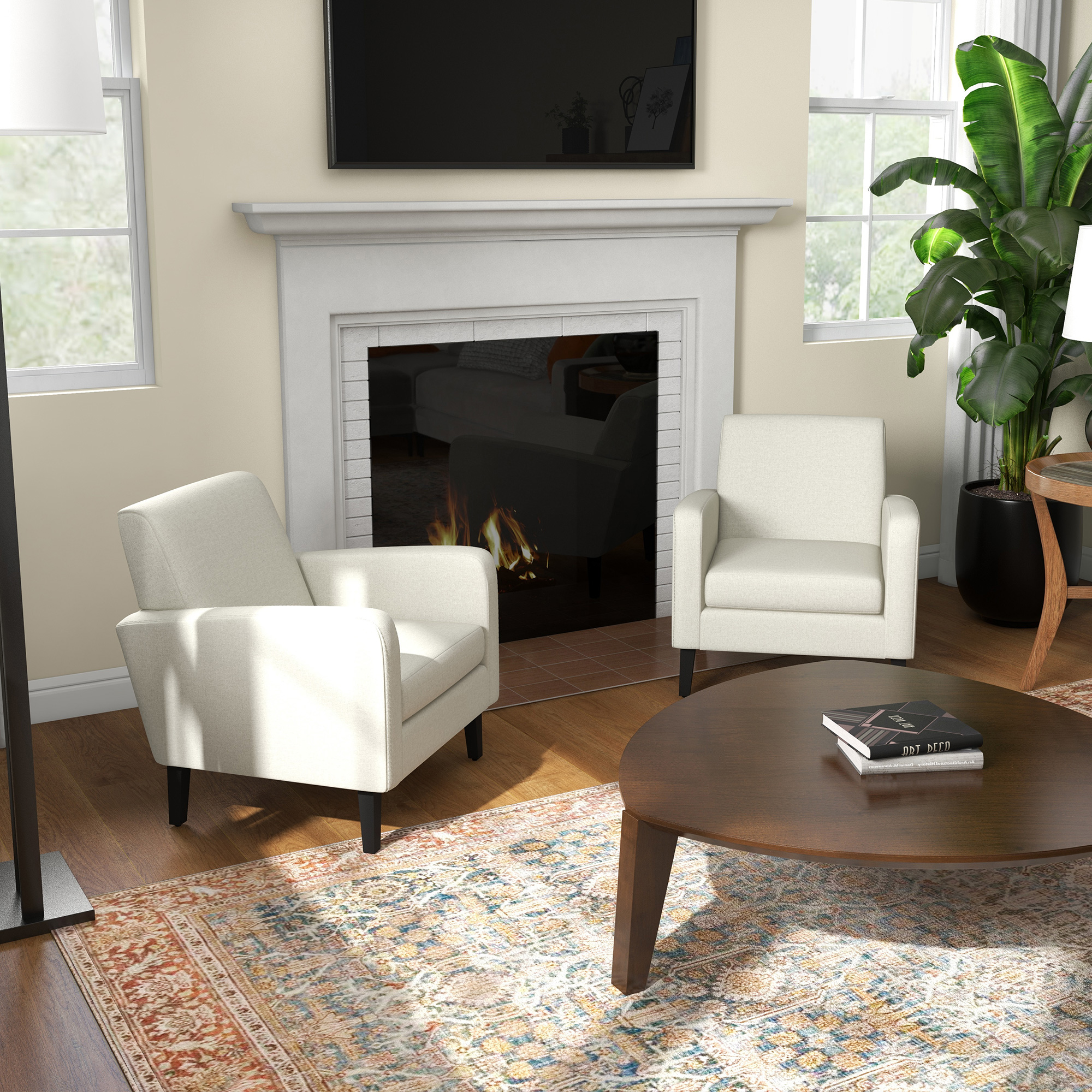 HOMCOM 2 Pieces Modern Armchairs with Rubber Wood Legs, Upholstered Accent Chairs, Single Sofa for Living Room, Bedroom, Cream White 2