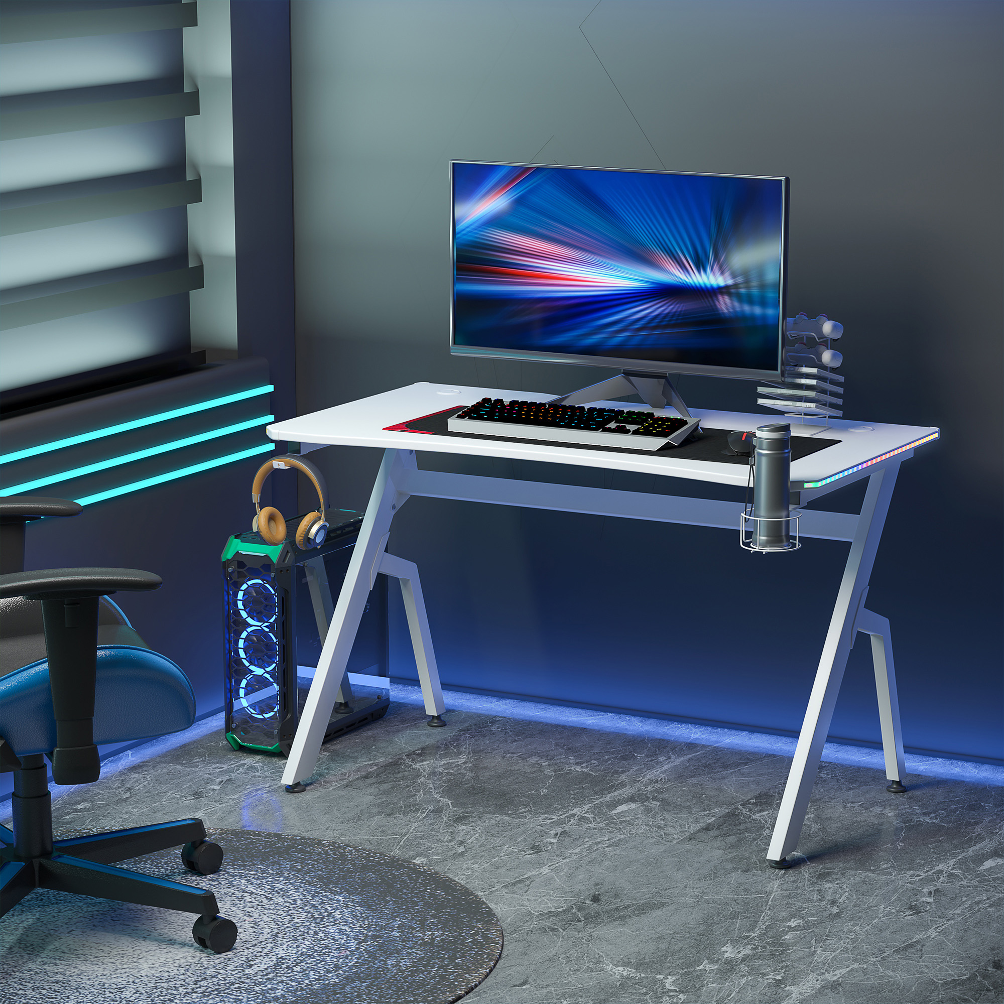 HOMCOM RGB 120 x 66cm Gaming Desk, Computer Table with Carbon Fibre Surface, Headphone Hook, Cup Holder, Controller Rack, Home Office Desk, White 2
