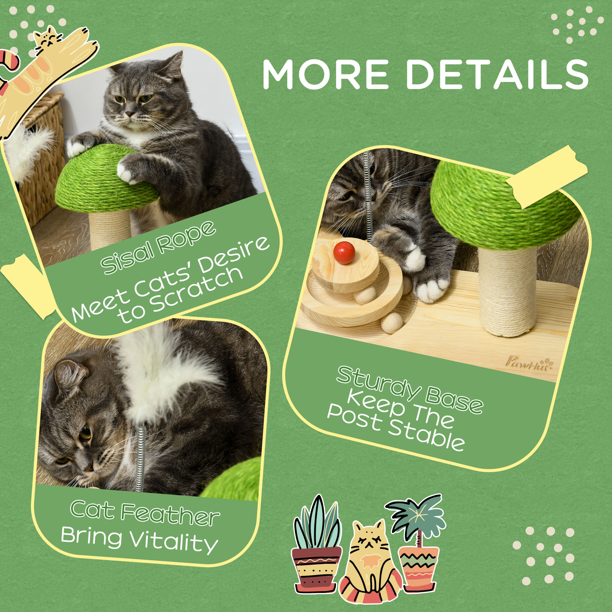 PawHut Mushroom-Shaped Cat Scratching Post, with Toy Balls, Feather for Indoor Cats, 35 x 21 x 26cm Natural Tone 5