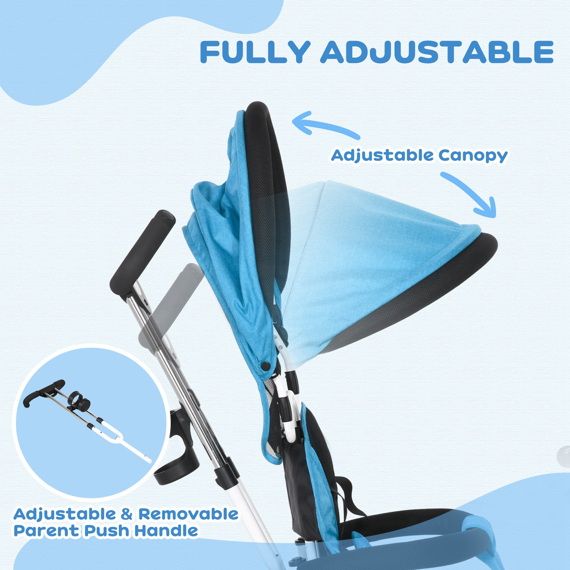 HOMCOM 6 in 1 Kids Trike Push Bike w/ Push Handle, Canopy, 5-point Safety Belt, Storage, Footrest, Brake, for 1-5 Years, Blue 5