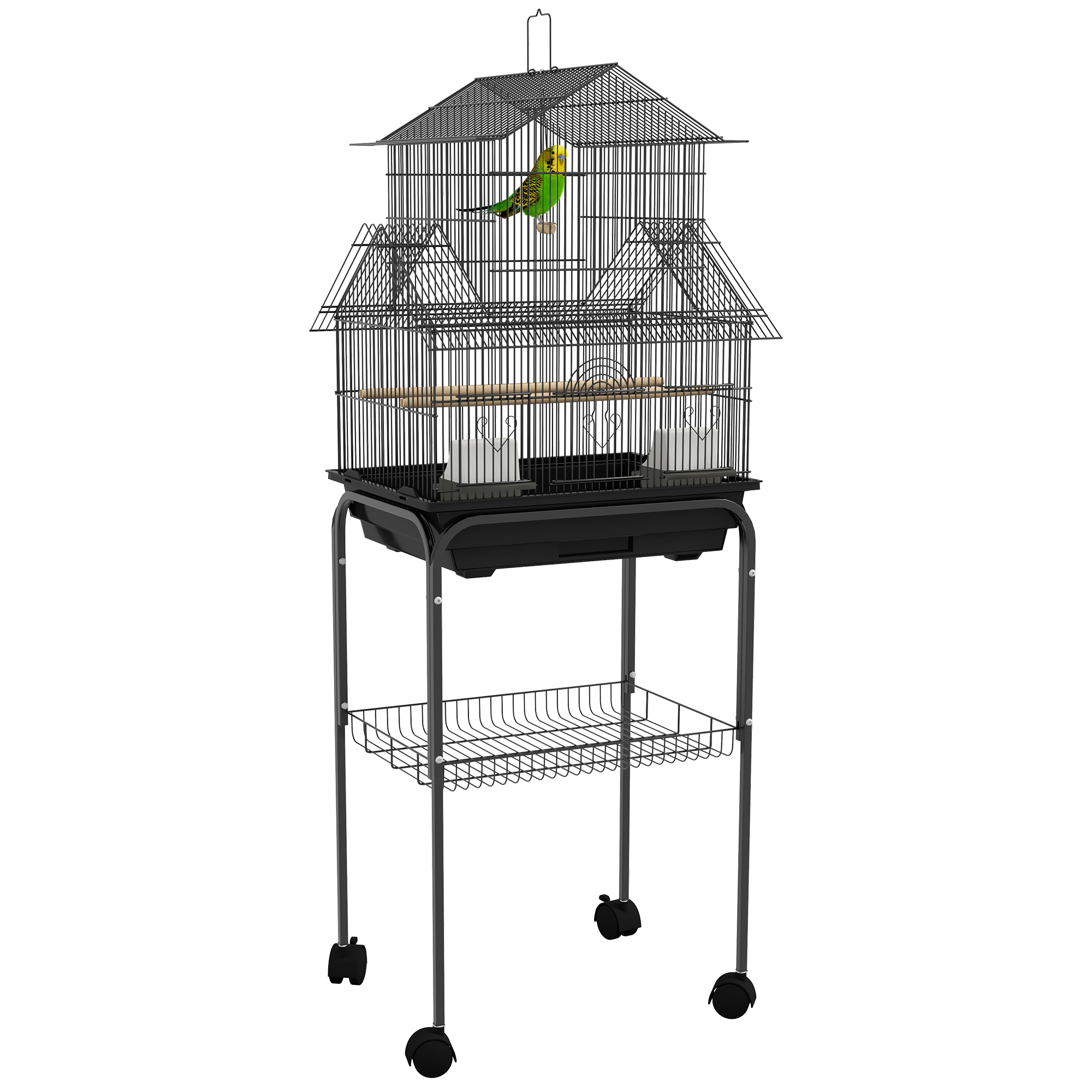 PawHut Metal Bird Cage with Plastic Swing Perch Food Container Tray Handle for Finch Canary Budgie 43.5 x 33 x 63 cm, Black