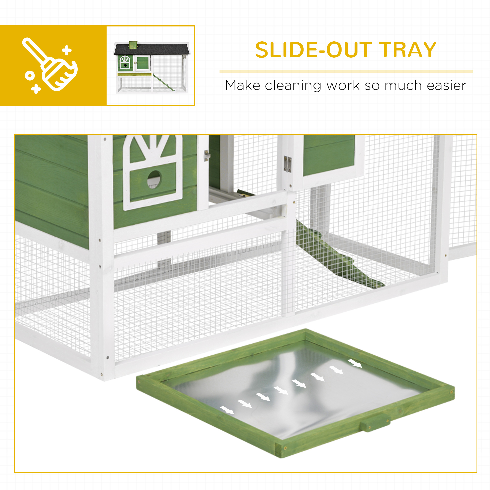PawHut Wooden Rabbit Hutch and Run with Sliding Tray, Ramp, Water-resistant Roof, for 2-4 Rabbits, Green 6