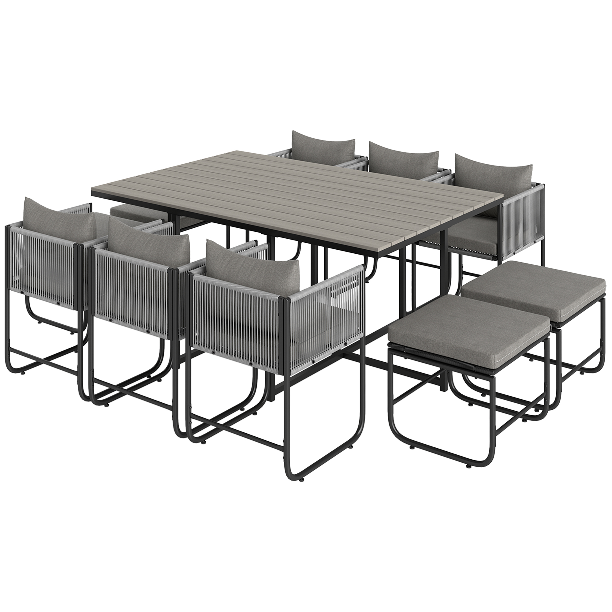 Product photograph of Outsunny 10 Seater Rattan Cube Garden Furniture Set Rattan Dining Set With Cushions Outdoor Dining Table And Chairs With 6 Armchairs 4 Stools Rectangular Wood Grain Plastic Top Table Grey from Aosom UK