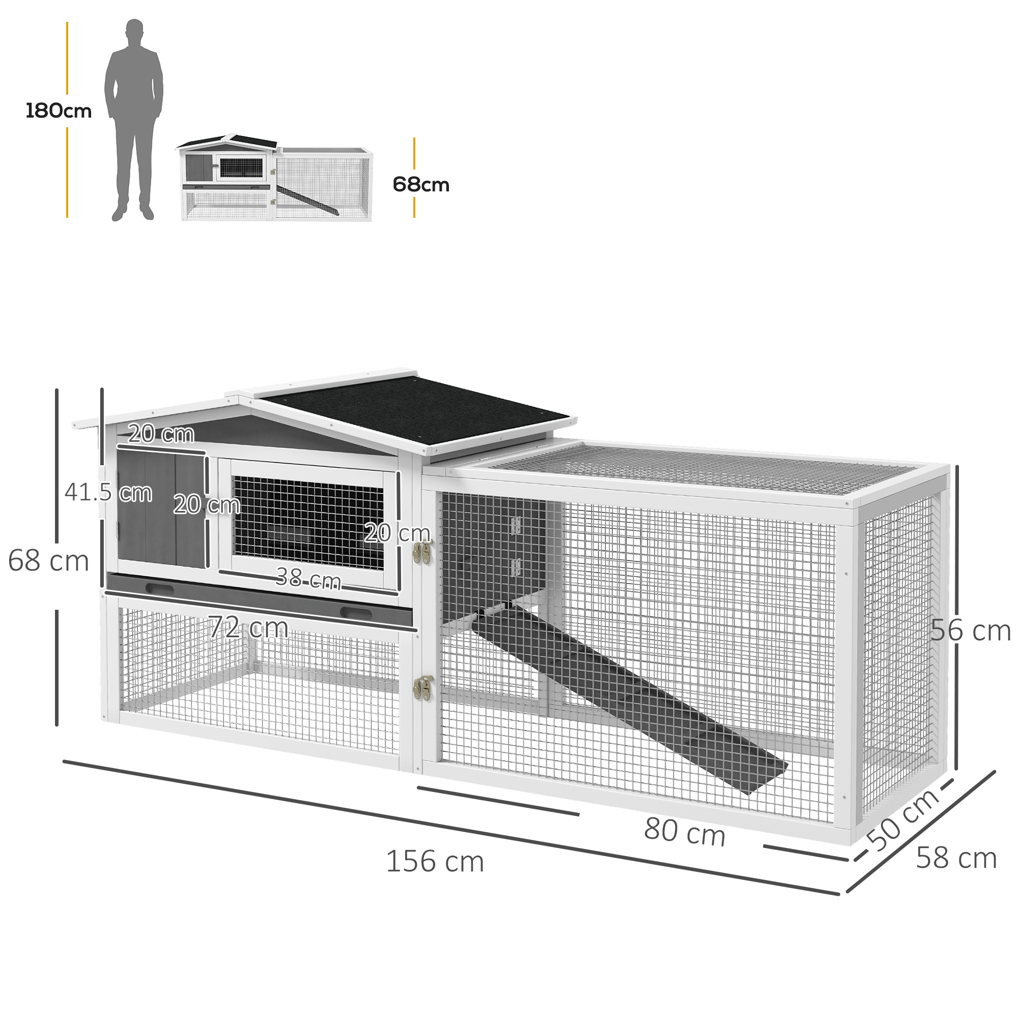 PawHut Rabbit Hutch with Run Wooden Guinea Pig Hutch Outdoor Bunny Cage Hide House with Sliding Tray, Hay Rack, Ramp, 156 x 58 x 68cm, Grey 3