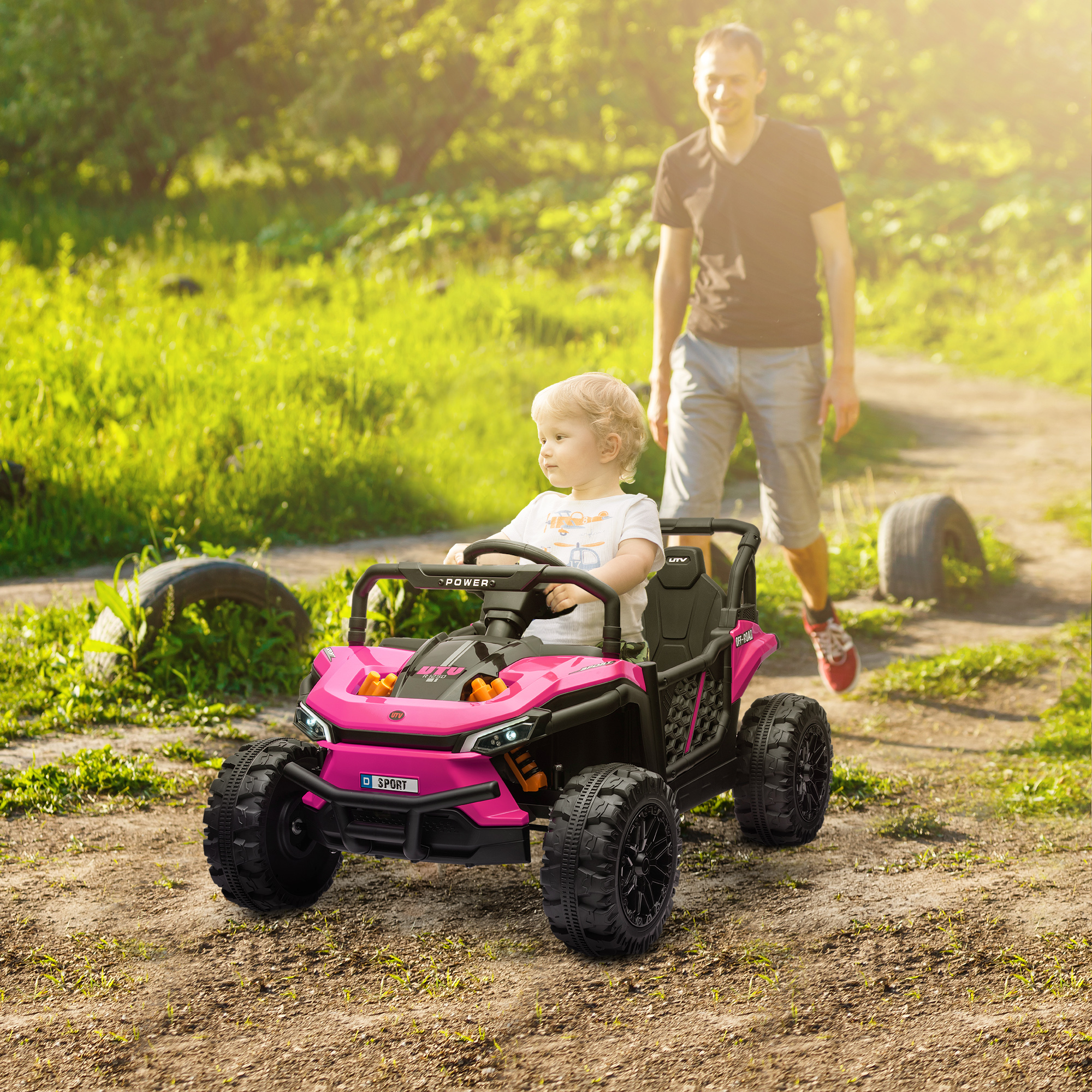 AIYAPLAY 12V Battery Powered Ride on Truck w/ Remote, Four Suspension Wheels, Horn, Lights, Music, USB, for Ages 3-5 Years, Pink 2