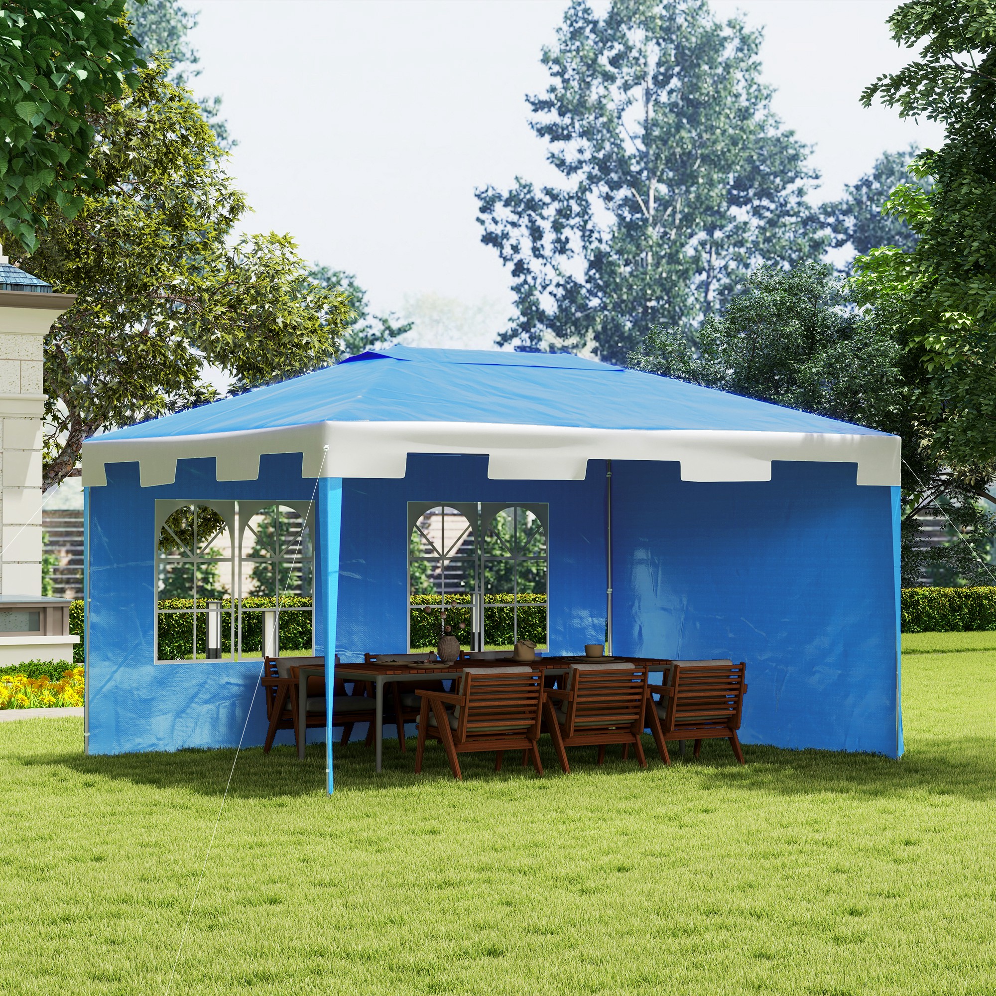 Outsunny 3 x 4 m Garden Gazebo Shelter Marquee Party Tent with 2 Sidewalls for Patio Yard Outdoor, Blue 2