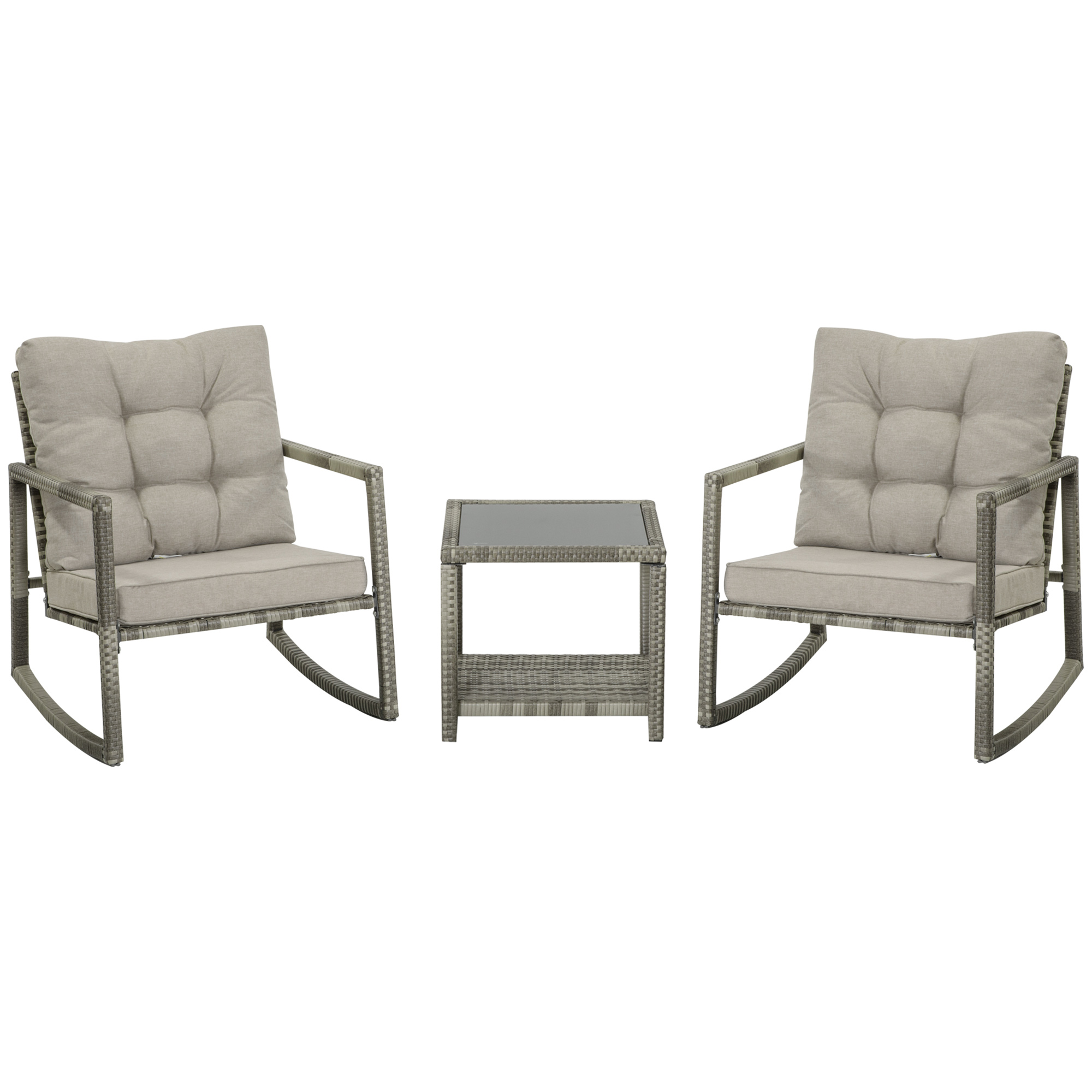 Outsunny Salon De Jardin 3 Pièces – Table Basse Ronde + 2 Fauteuils Avec Coussins – Design Moderne En Acier Et Résine Tressée, Gris