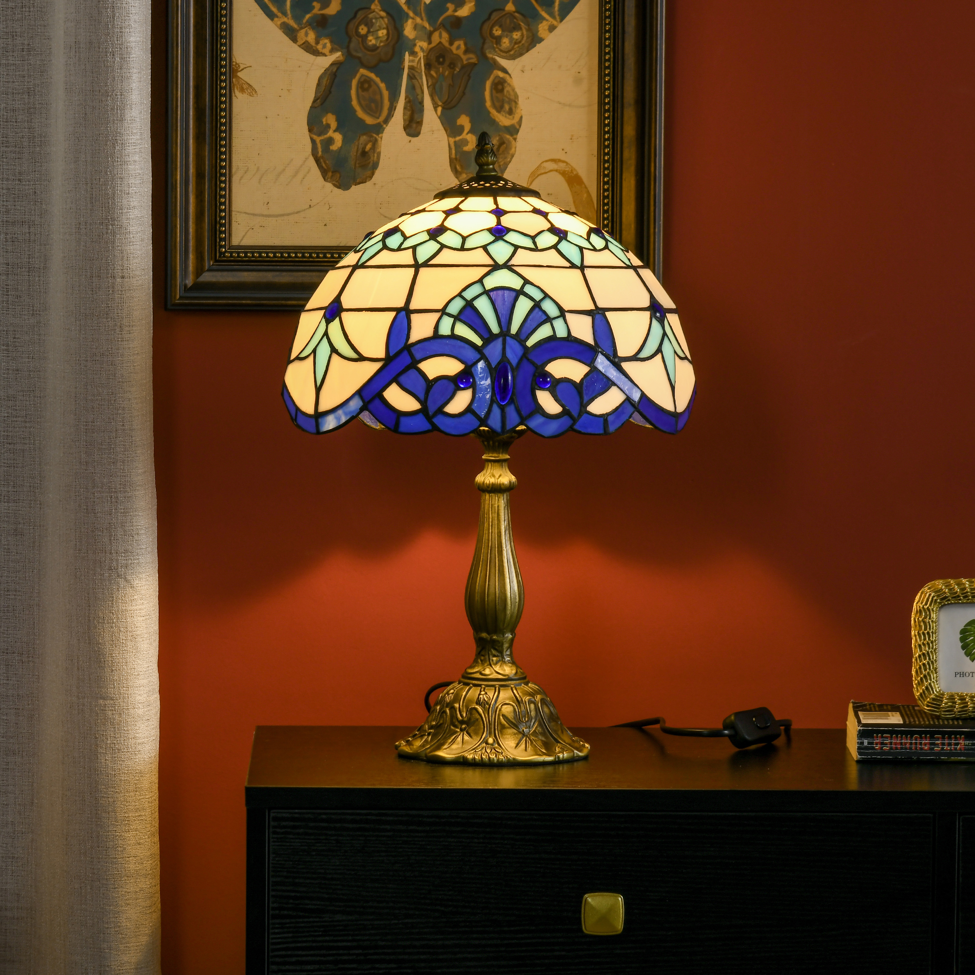 HOMCOM Stained Glass Table Lamp, Handmade Antique Bedside Lamp for Bedroom, Living room, Home, Nightstand, Decorative Night Light, Blue 6