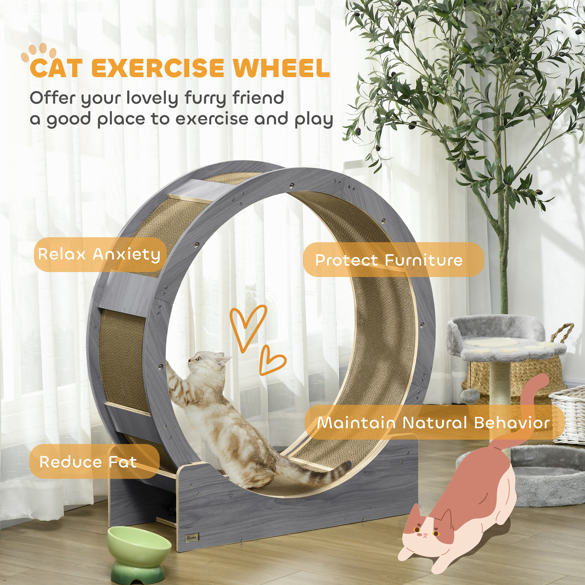 PawHut Cat Wheel with Brake, Scratching Pads Grey 4