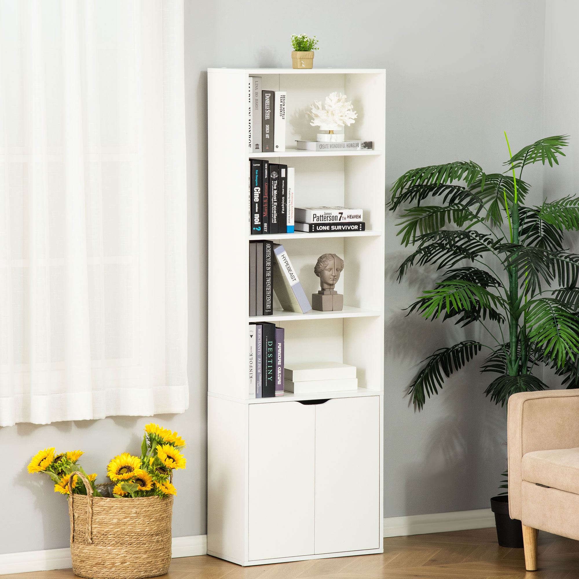 HOMCOM 6-Tier Tall Bookcase, Bookshelf with 4 Open Shelves and Double Door Storage Cabinet, Freestanding Display Rack for Living Room, Bedroom, Home Office, Study, 59 x 29 x 180cm, White 2