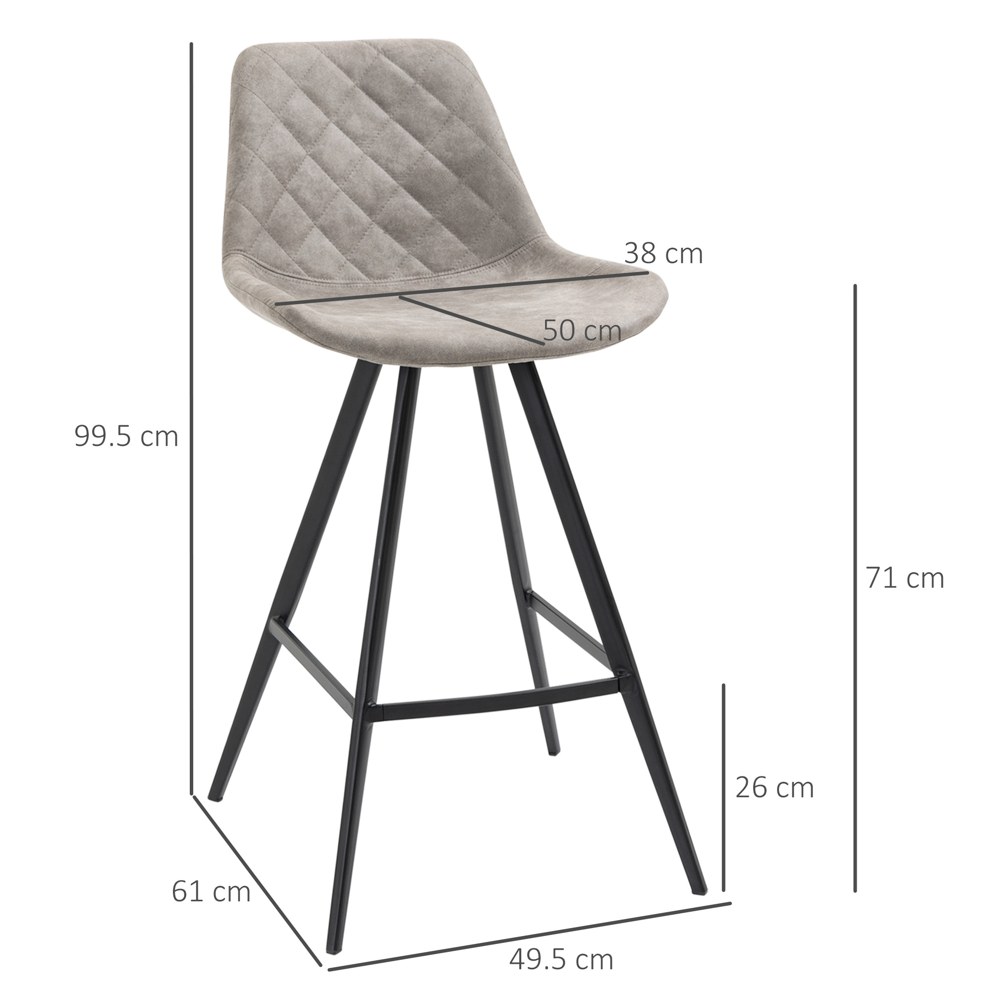 HOMCOM Set Of 2 Bar Stools Vintage Microfiber Cloth Tub Seats Padded Comfortable Steel Frame Footrest Quilted Home Bar Cafe Kitchen Chair Stylish Grey 3
