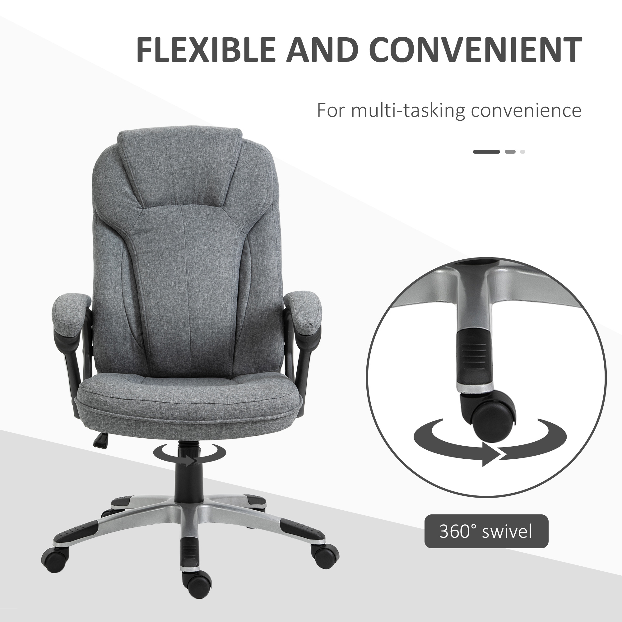 Vinsetto Office Chair, Linen Fabric Desk Chair, Height Adjustable Computer Chair with Padded Armrests, Swivel Wheels and Tilt Function, Grey 6