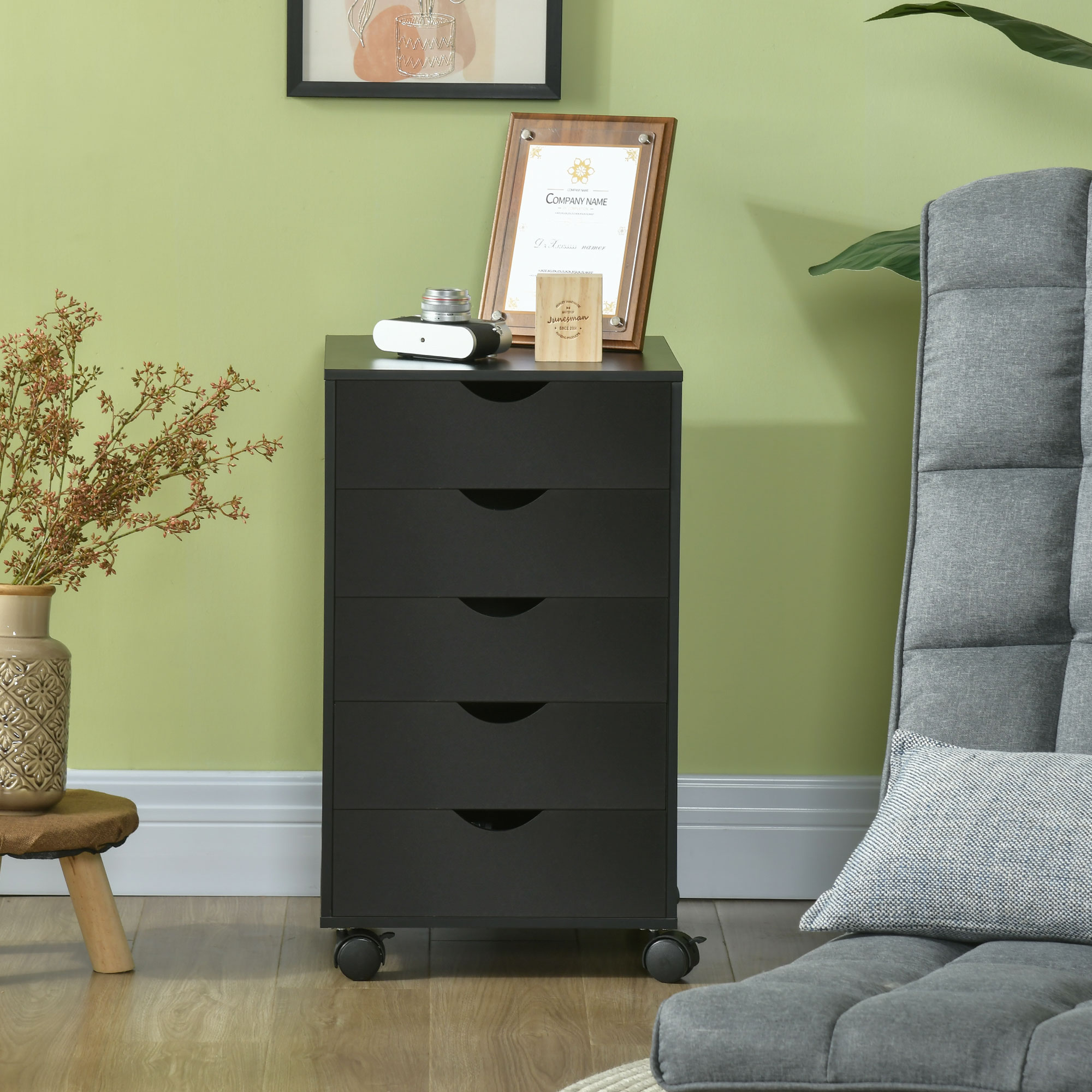 HOMCOM 5 Drawer Mobile Filing Cabinet, Vertical File Cabinet, Modern Rolling Office Storage Organizer Cupboard, Black 7