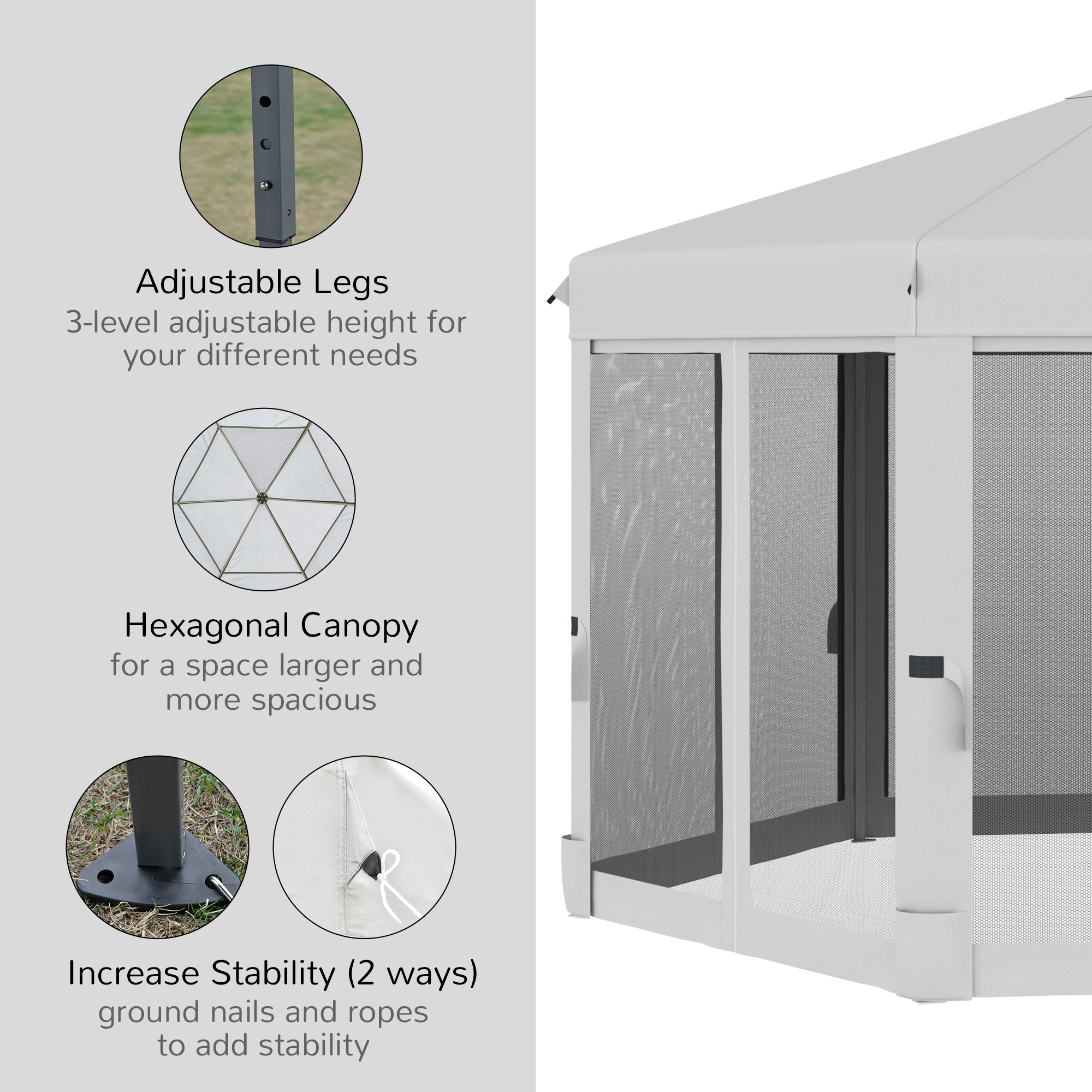 Outsunny 3.2m Pop Up Gazebo Hexagonal Canopy Tent Outdoor Sun Protection with Mesh Sidewalls, Handy Bag, Light Grey 5
