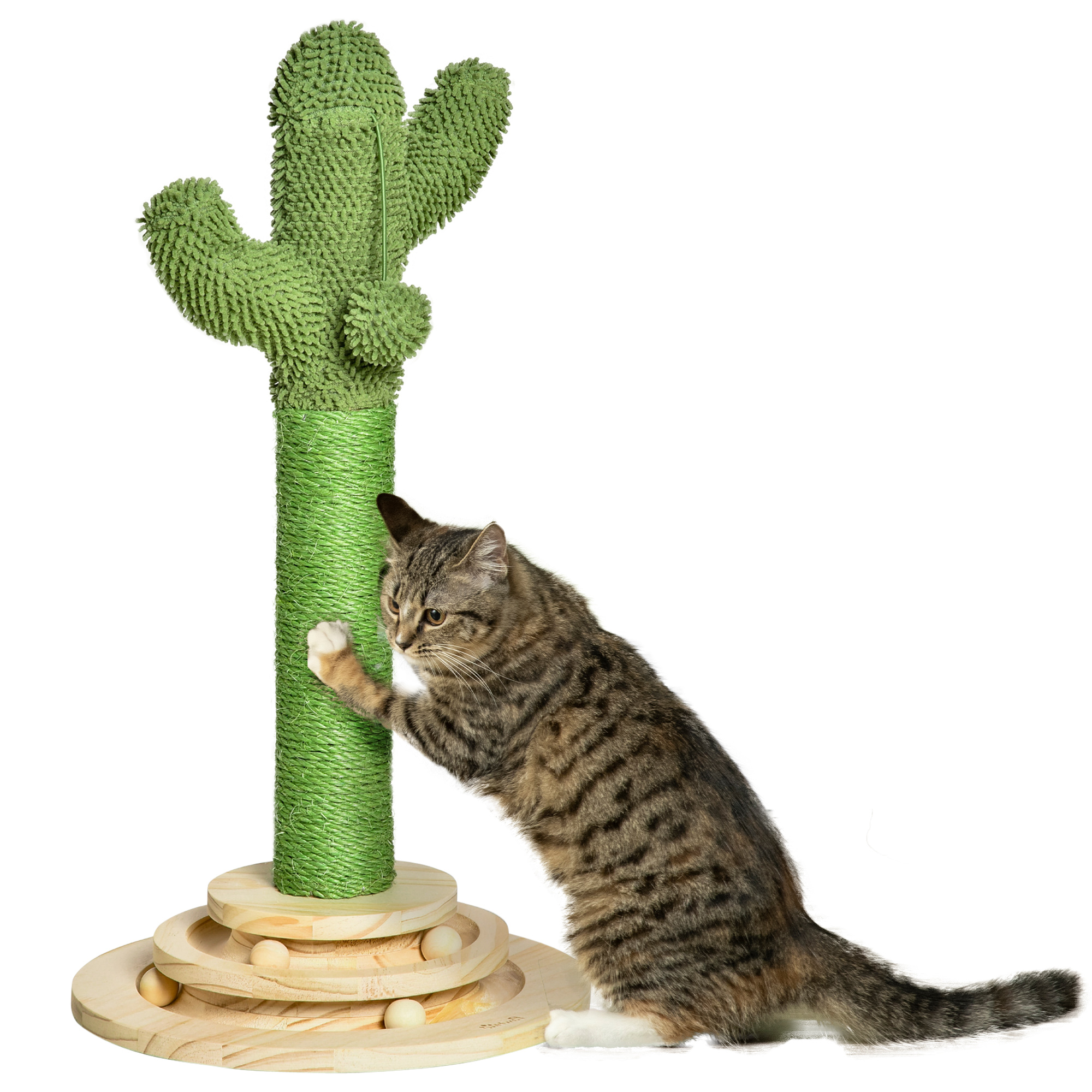 PawHut Cactus-Shaped Cat Tree Tower, Green, with Sisal Scratching Post, Hanging Ball, Funny Cat Ball Platform, 32 x 32 x 60cm   Aosom UK