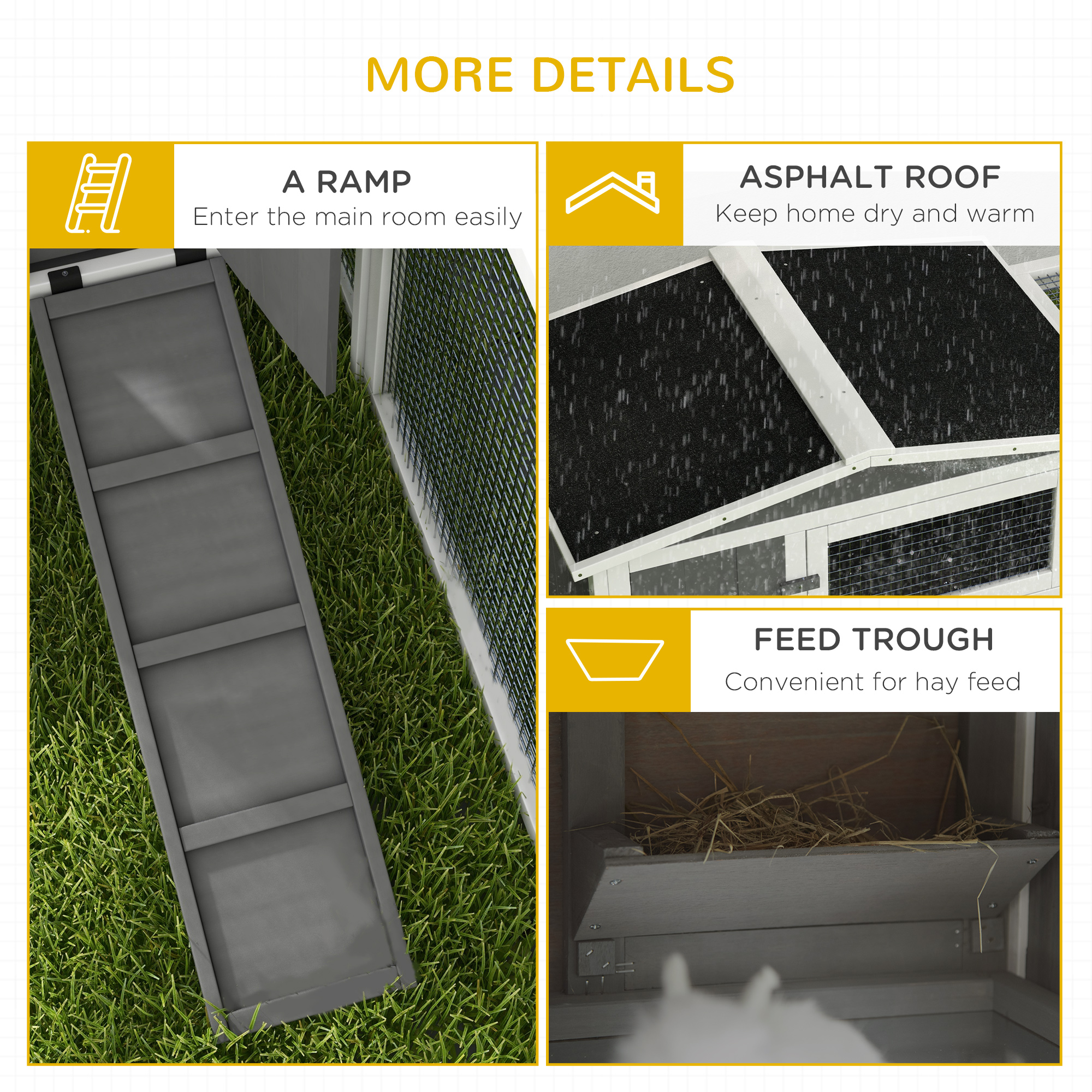 PawHut Rabbit Hutch with Run Wooden Guinea Pig Hutch Outdoor Bunny Cage Hide House with Sliding Tray, Hay Rack, Ramp, 156 x 58 x 68cm, Grey 7