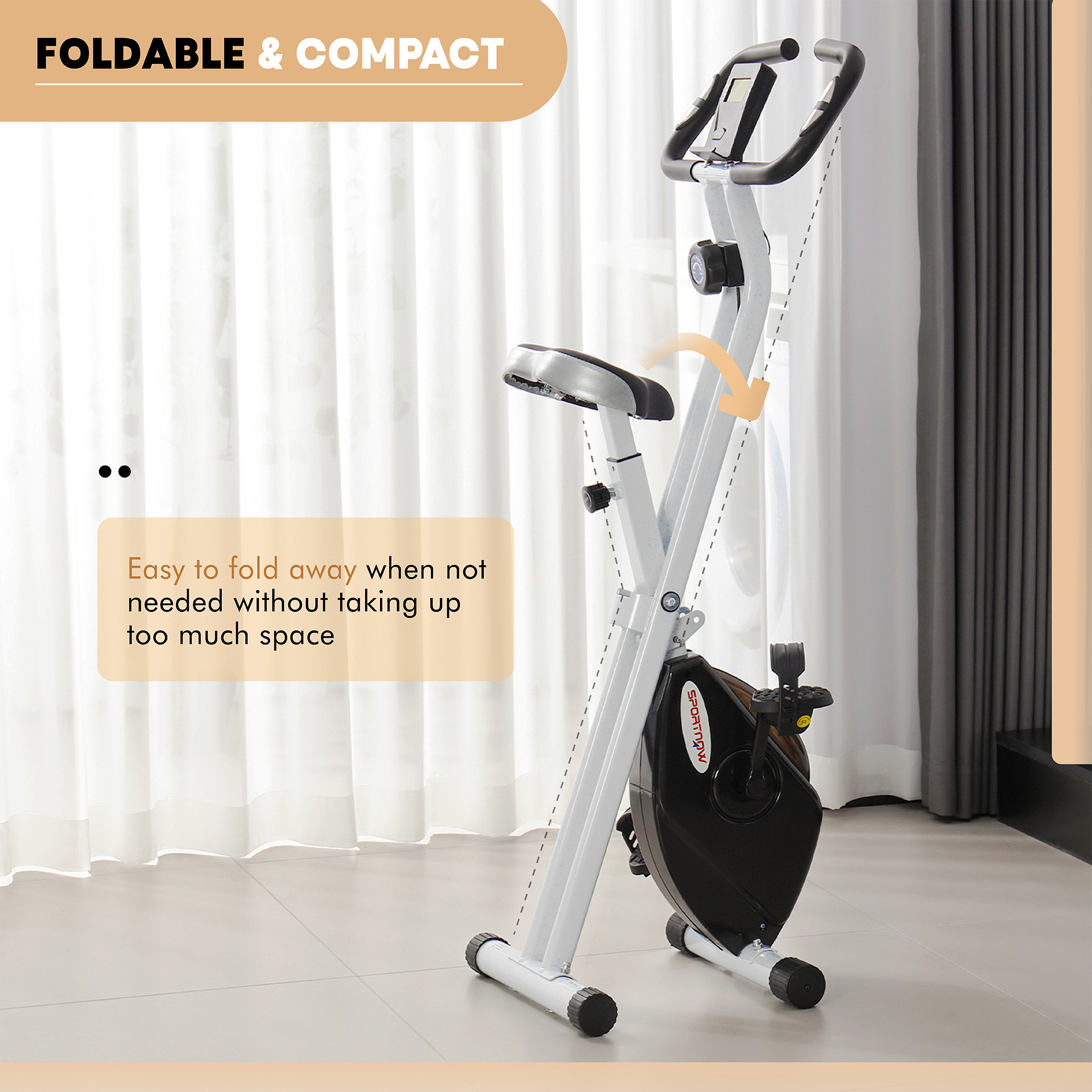 Vélo D'Appartement Sportnow Pliable - Blanc, 97x43x110 Cm, Résistance Magnétique, 110kg Max - Neuf