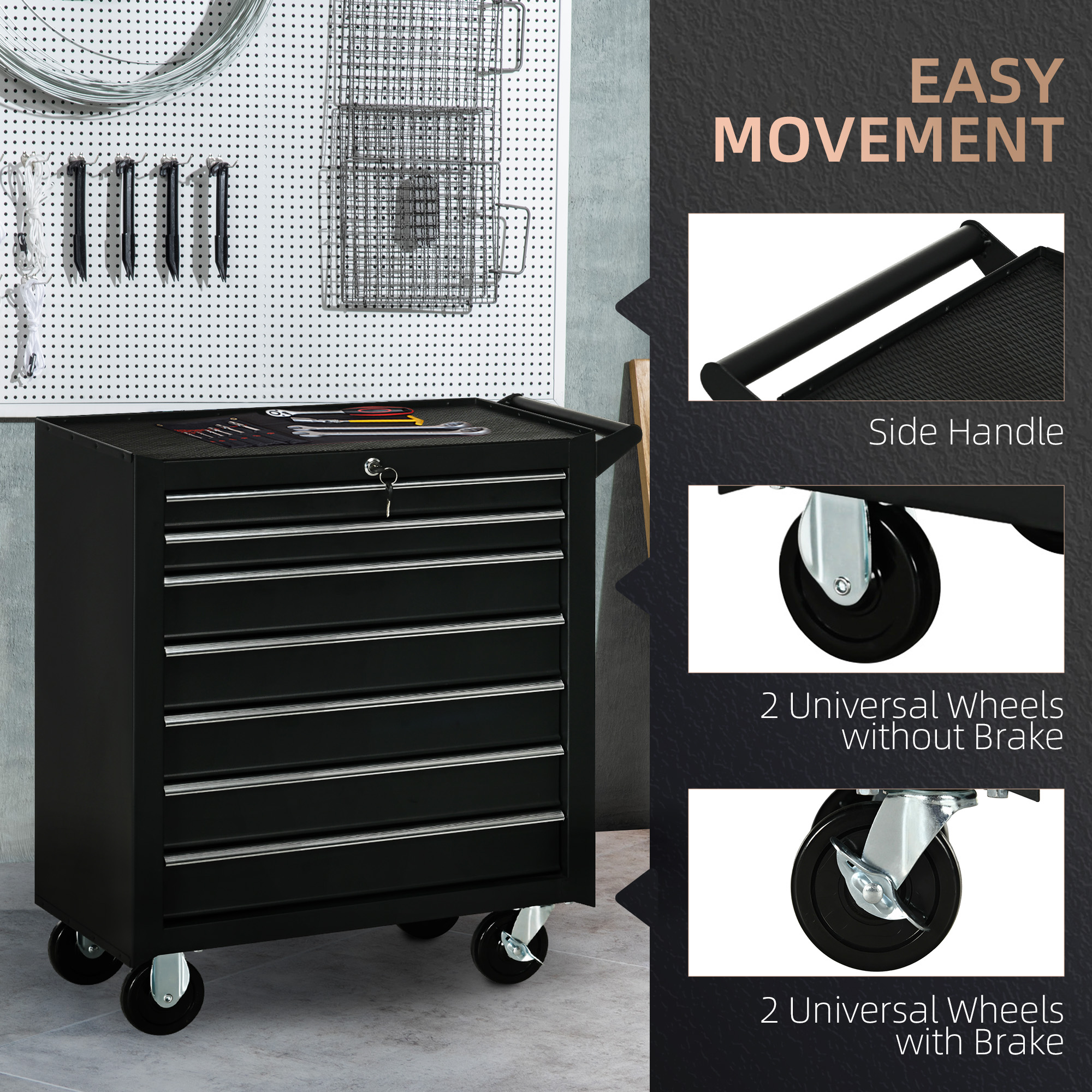 DURHAND 7-Drawer Tool Box on Wheels, Lockable Tool Cabinet with EVA Pat & Ball Bearing, Matte Black 6