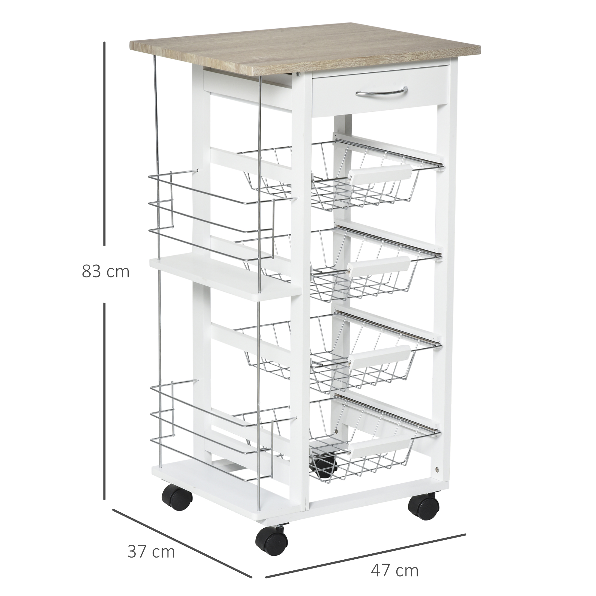 HOMCOM Rolling Kitchen Cart, Utility Storage Cart with 4 Basket Drawers & Side Racks, Wheels for Dining Room, Natural and White 3
