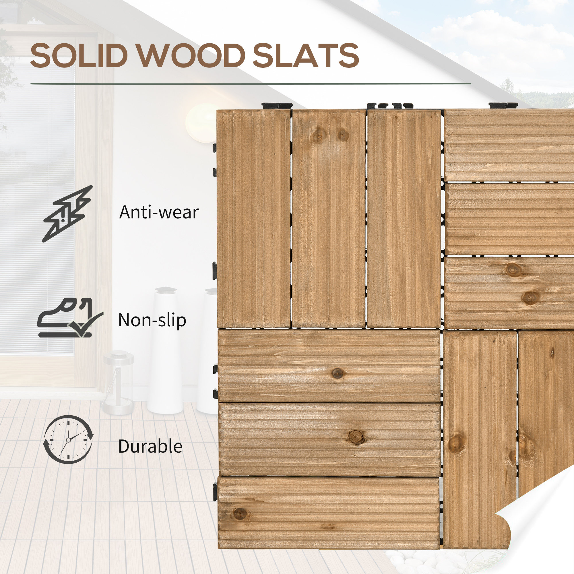 Outsunny 27 Pcs Wooden Interlocking Decking Tiles, Outdoor Flooring Tiles for Patio, Balcony, Terrace, Hot Tub, 30 x 30 cm per Piece, 2.5㎡ per Pack, Brown 4