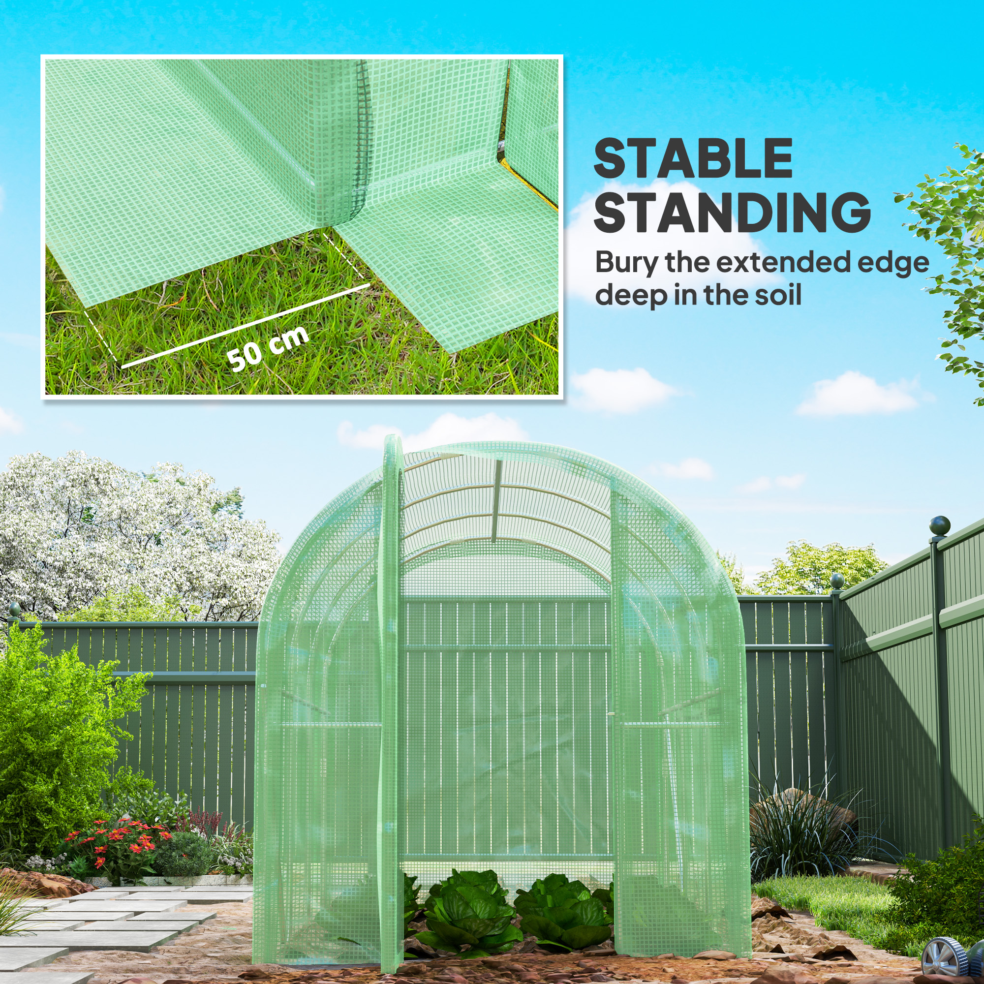 Outsunny 3 x 2 x 2m Polytunnel Greenhouse with Hinged Door, Walk-in Grow House Tent with PE Cover and Galvanised Steel Frame, Green 6