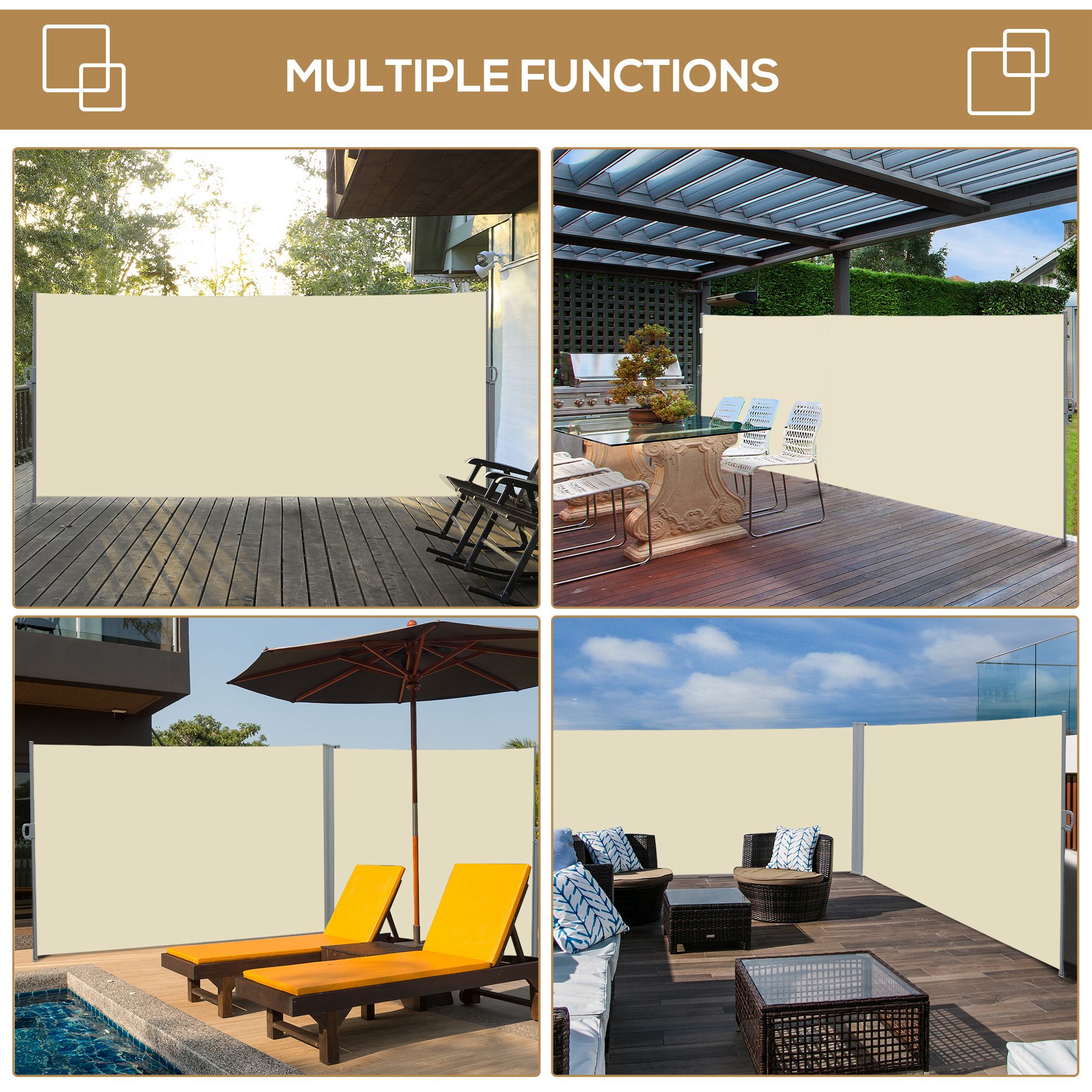 Outsunny Retractable Sun Side Awning Screen Fence Patio Garden Wall Balcony Screening Panel Outdoor Blind Privacy Divider (3x2M, Cream) 7