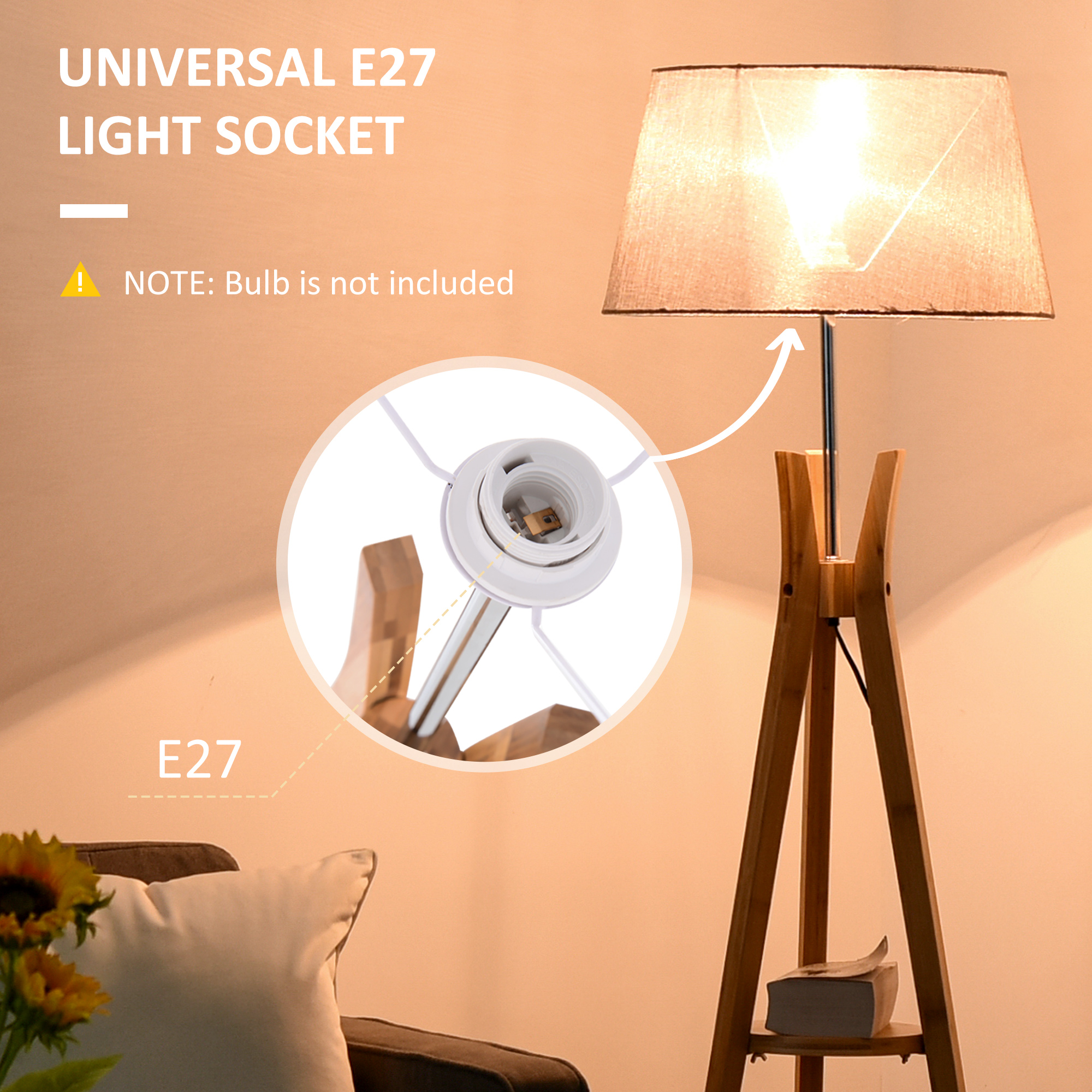 HOMCOM Natural Wood Tripod Floor Lamp Light E27 Base Bedroom Living Room Fabric Shade Storage Shelf Foot Switch, 156cm, Grey 6