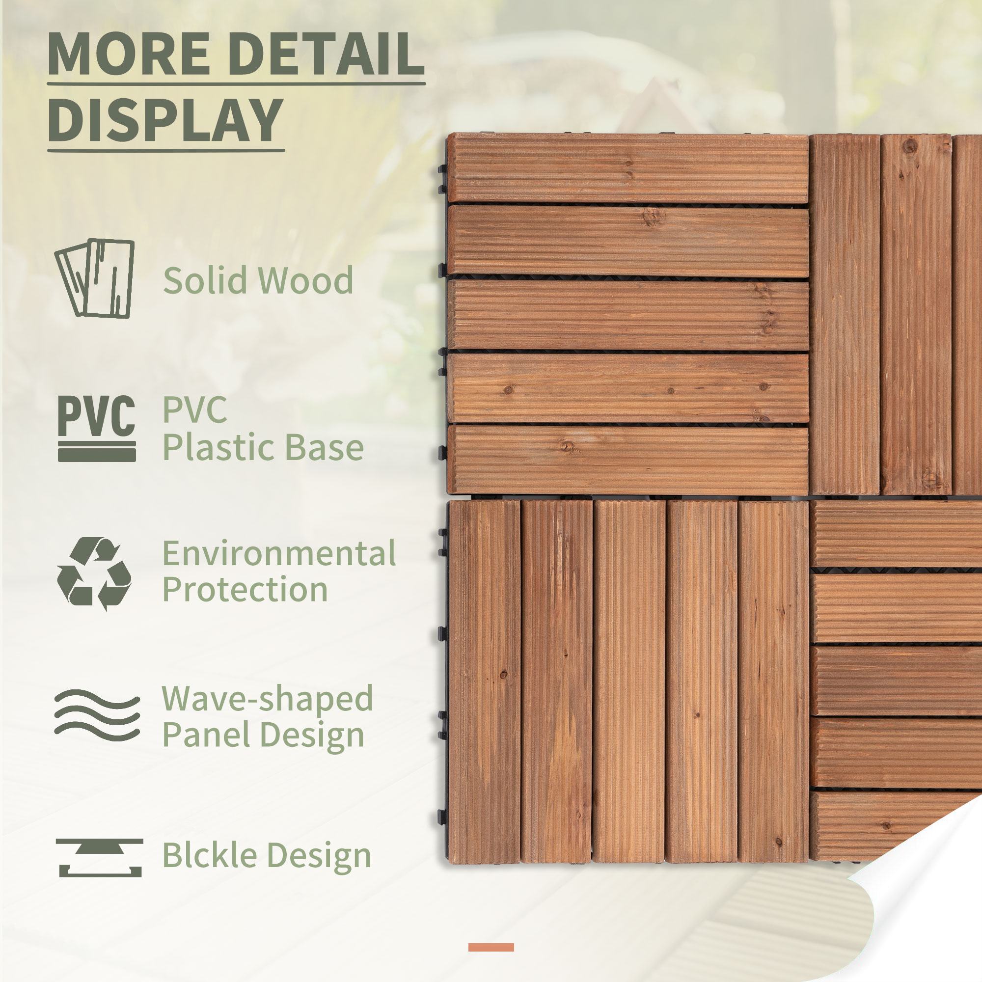Outsunny 27 Pcs Solid Wood Interlocking Decking Tiles For Patio, Balcony, Roof Terrace, Hot Tub, Brown, (30 x 30 cm Per Piece) 5