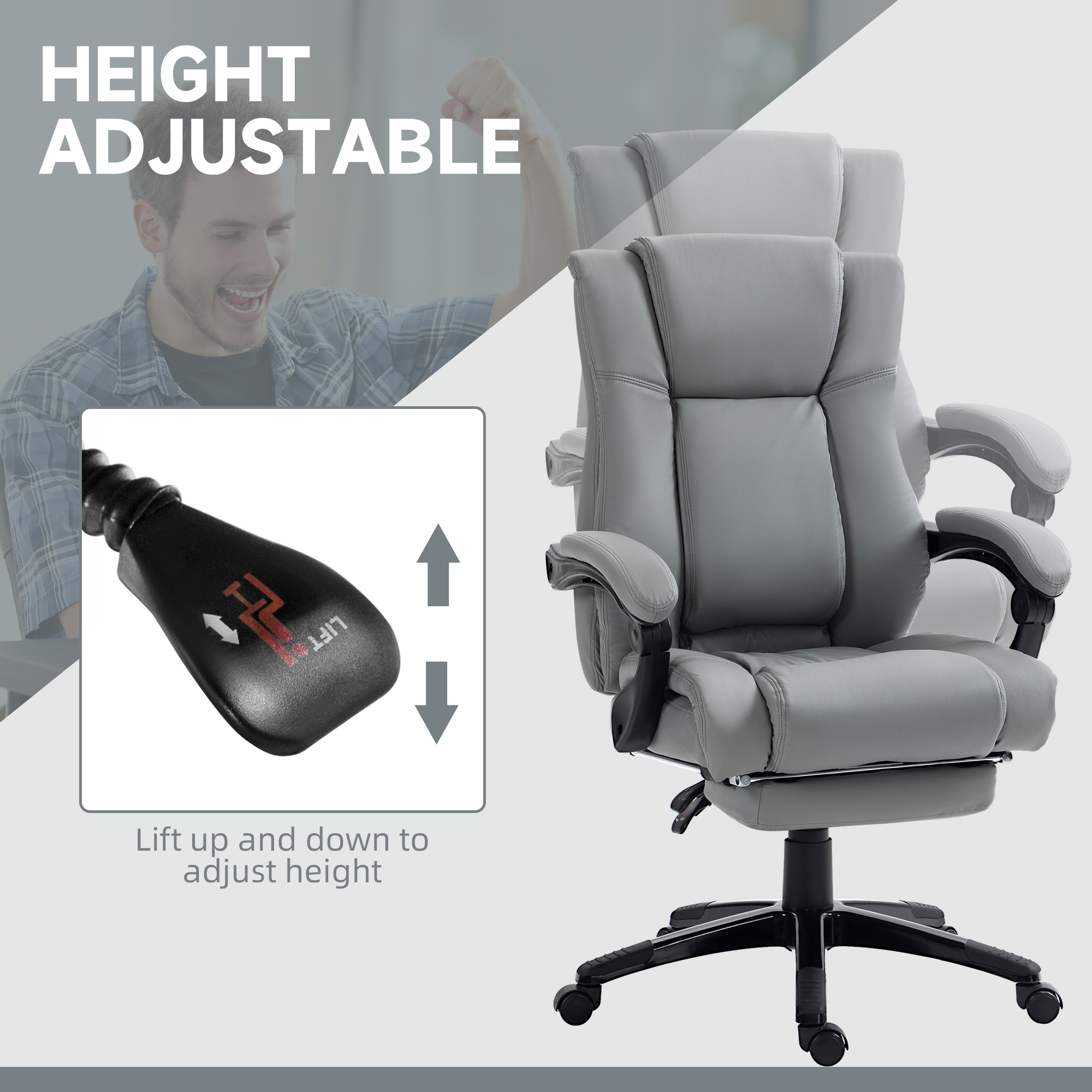 Vinsetto PU Leather Office Chair, Swivel Computer Chair with Footrest, Wheels, Adjustable Height, Grey 4