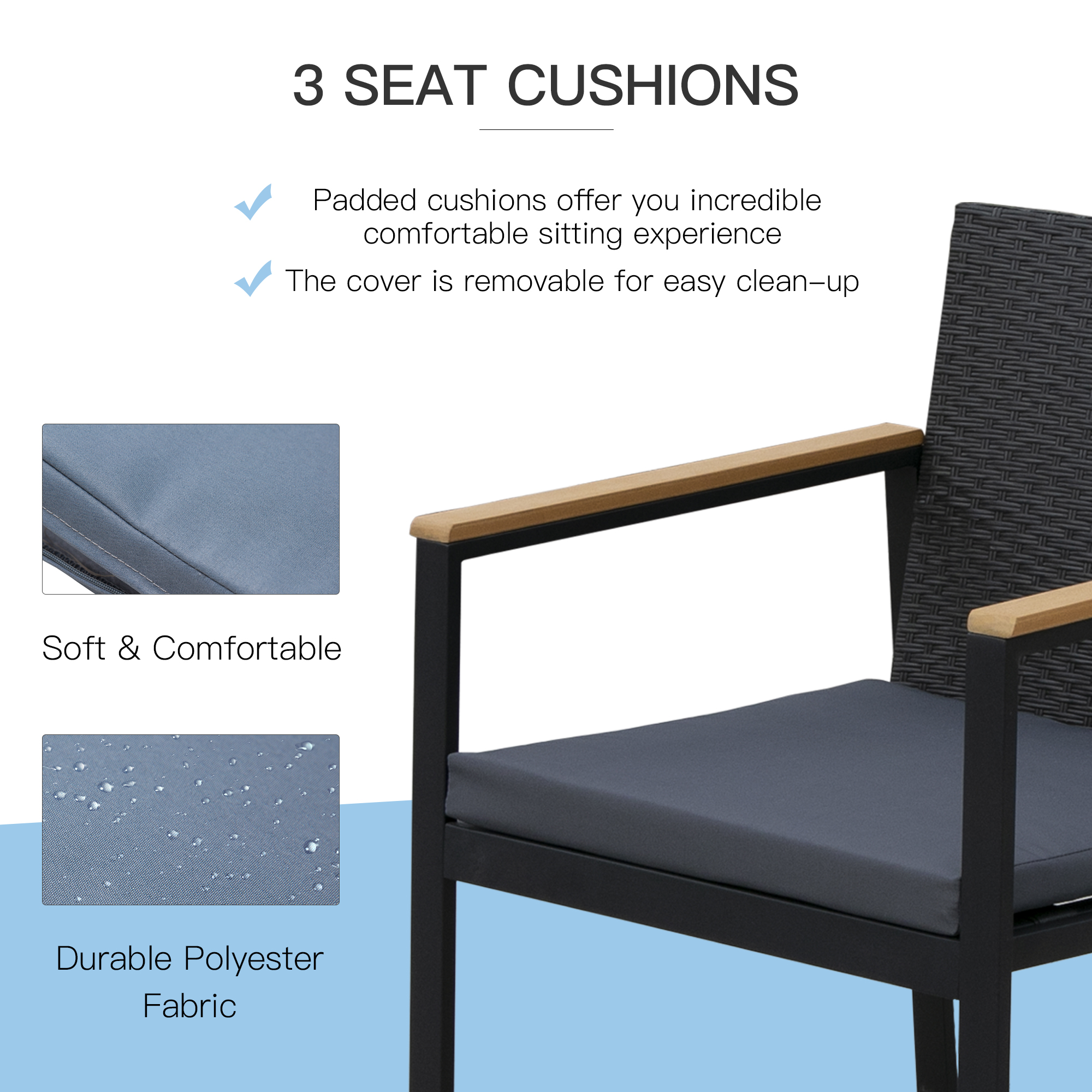 Outsunny 4 Pieces Rattan Garden Furniture Set, 4 Seater Garden Sofa Set with Loveseat, 2 Armchairs and Glass Top Coffee Table, Wicker Outdoor Conservatory Furniture with Cushions for Patio, Black 7