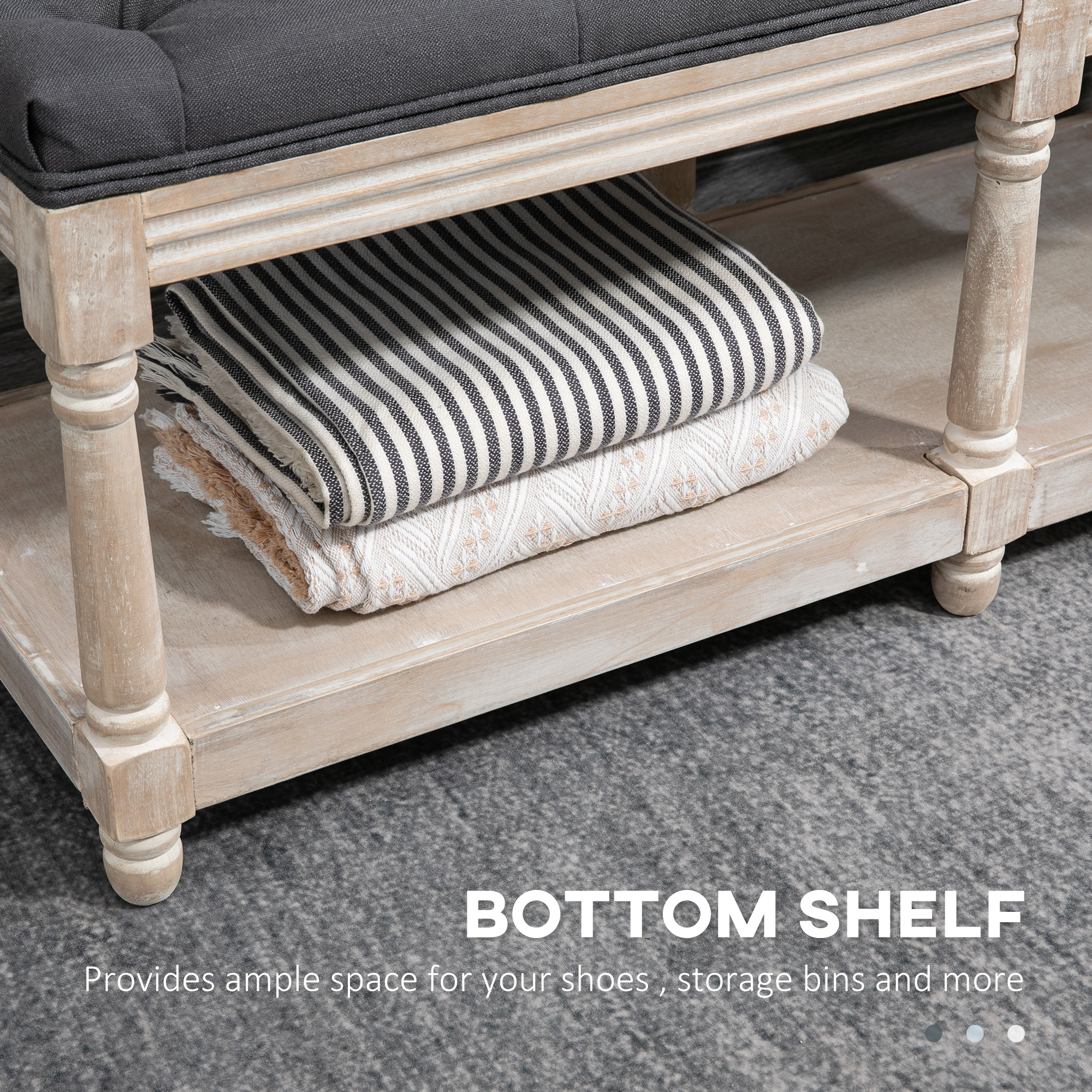 HOMCOM 2-Tier Bed End Bench, Vintage Stool, Wooden Window Seat with Storage Shelf, Button Tufted Upholstered Footstool for Living Room, Bedroom, Entryway, Grey 6