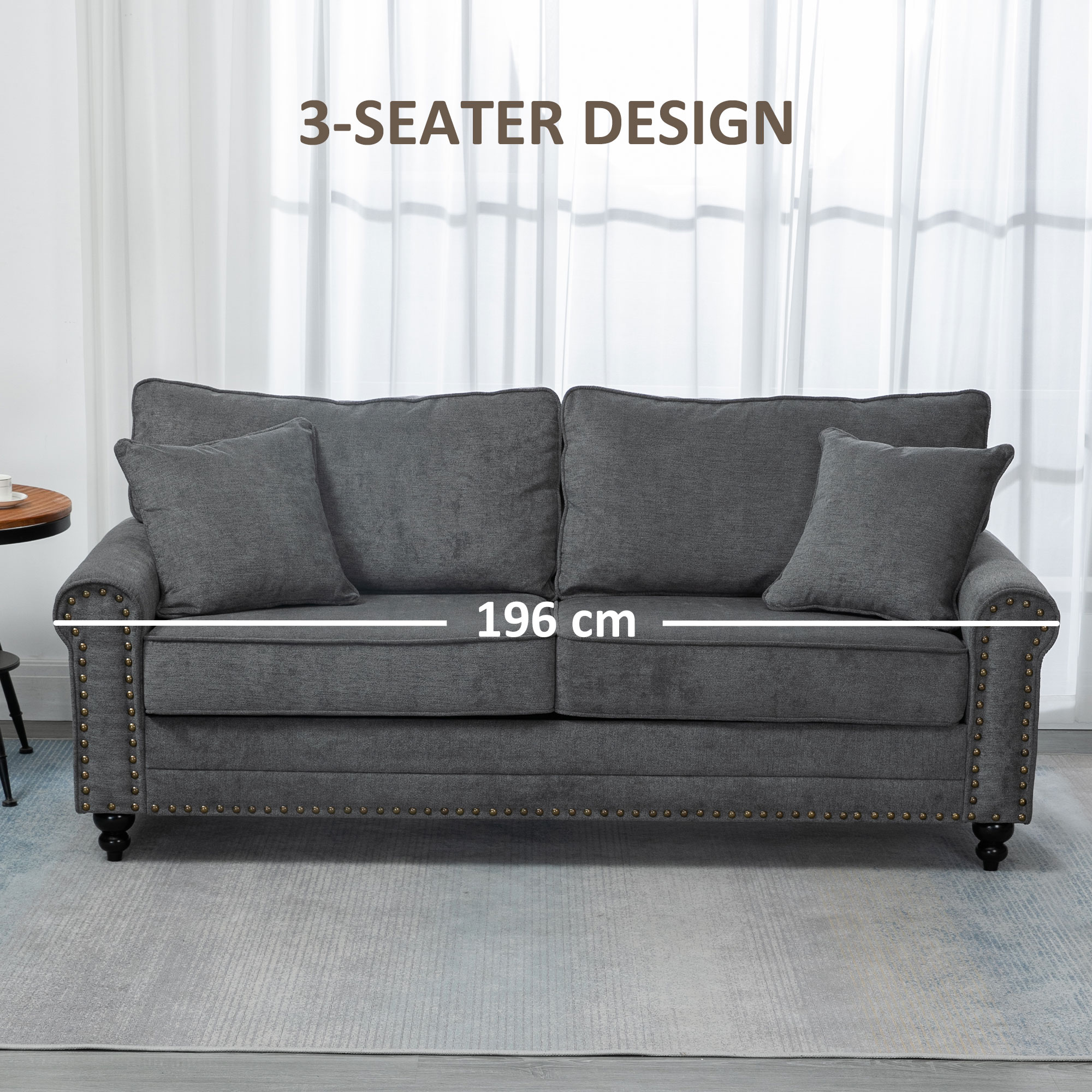HOMCOM 196cm 3 Seater Sofa, Fabric Sofa with Rubber Wood Legs, Nailhead Trim, 2 Pillows, Small Upholstered Couch Settee for Living Room, Guest Room, Grey 6