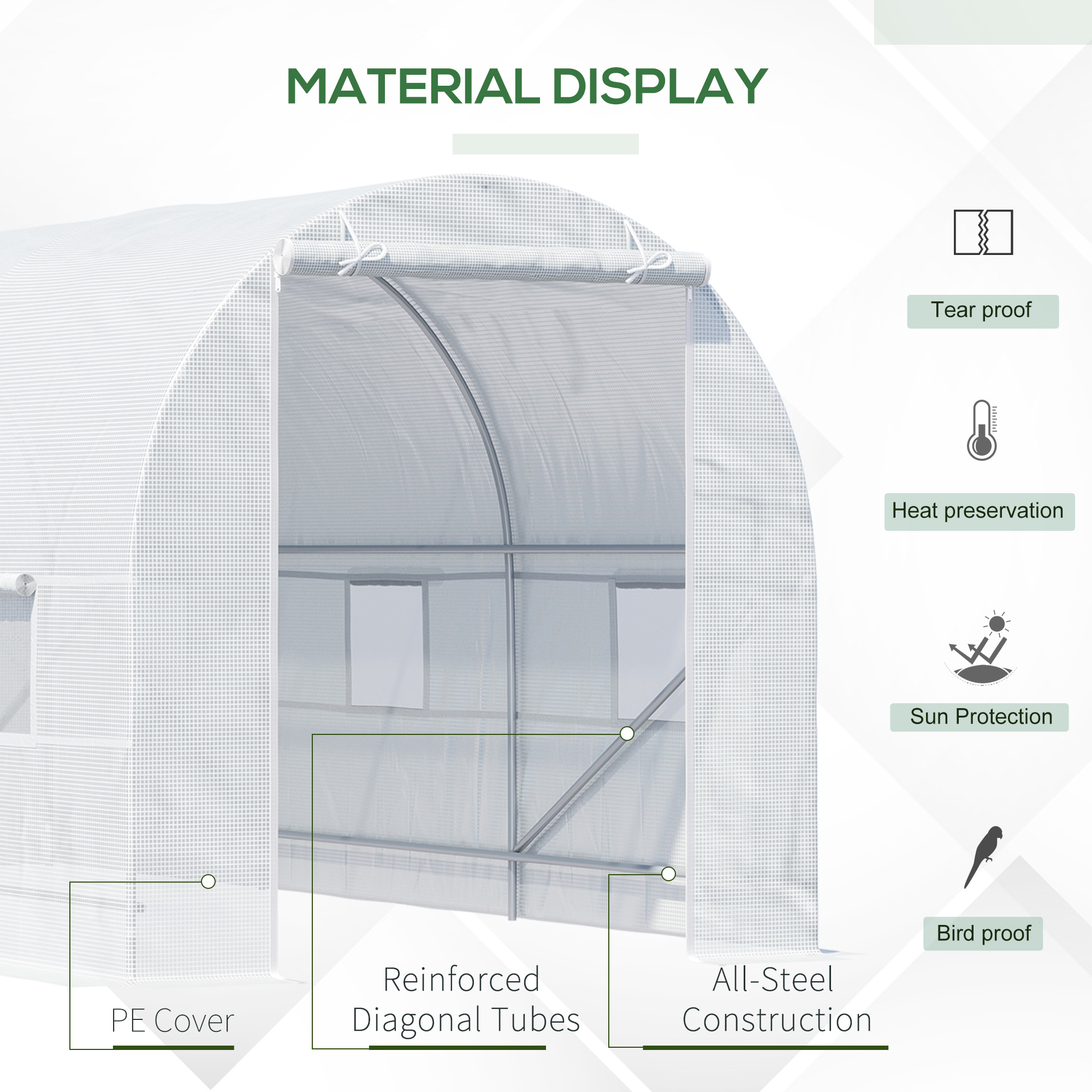 Outsunny 4.5 x 2 x 2 m Polytunnel Greenhouse, Walk-in Green House for Garden with Mesh Windows, Galvanised Steel Frame, White 5