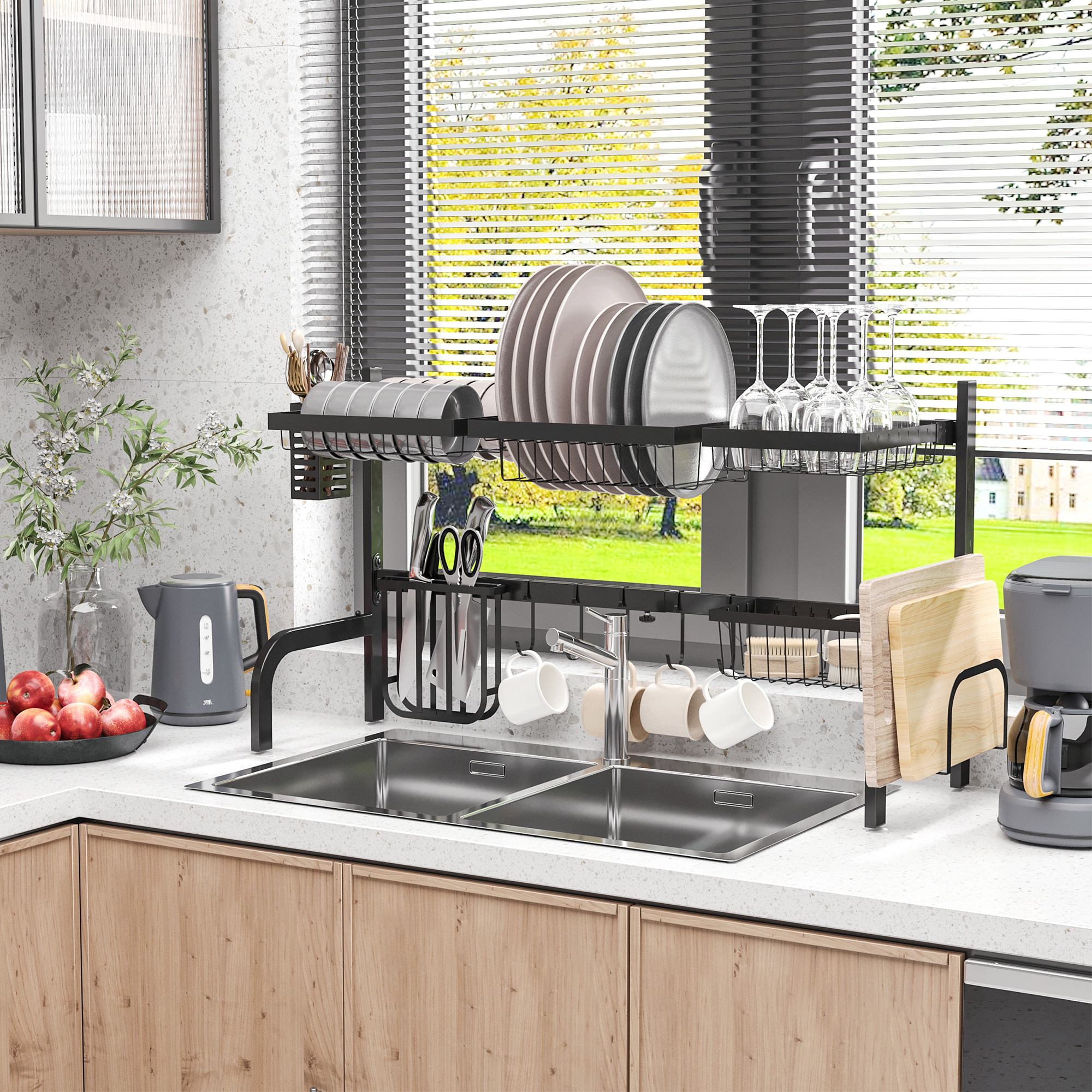 HOMCOM Space Saving 2 Tier Adjustable Dish Drainer Over The Sink Dish ...