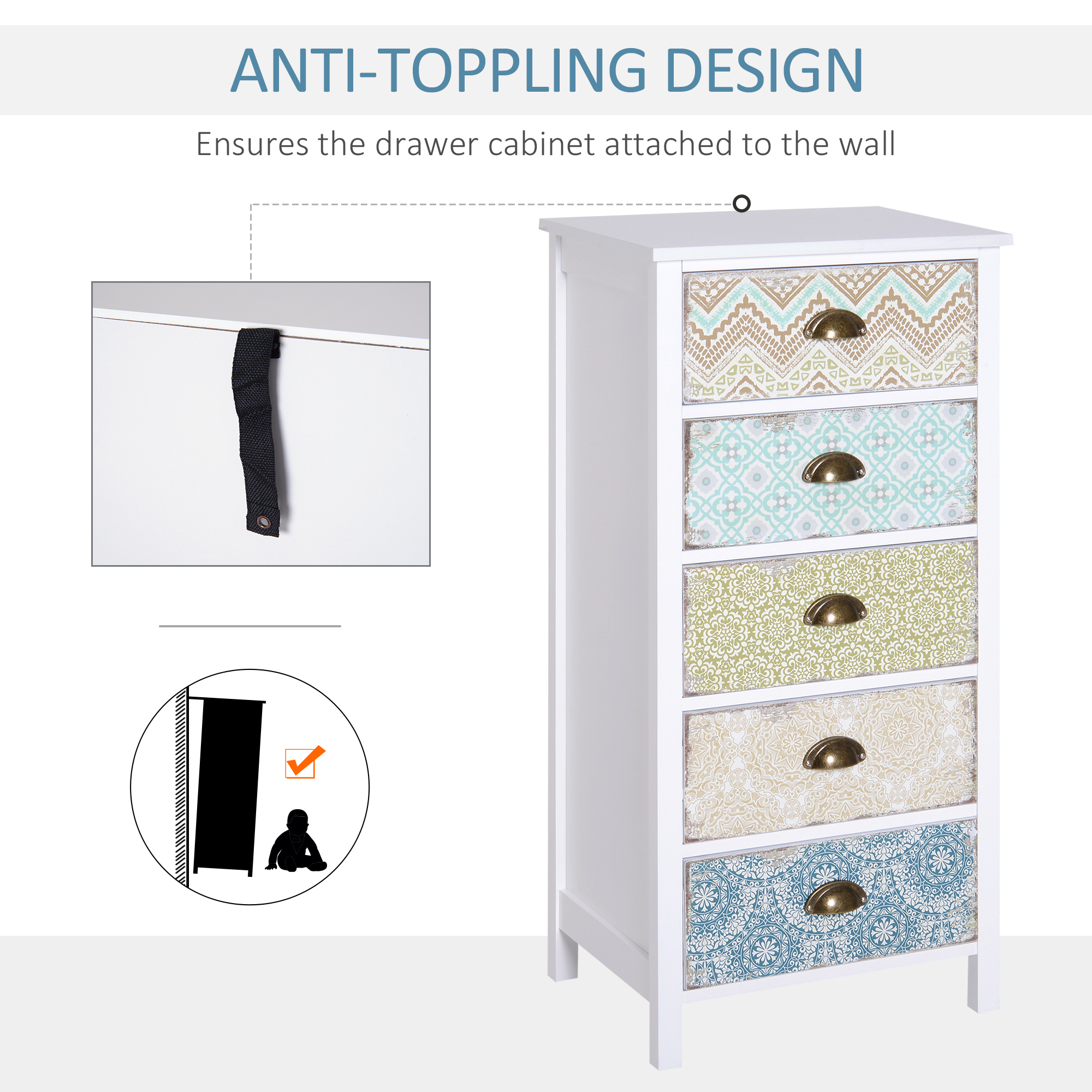 HOMCOM Chest of 5 Drawers Bedside Cabinet Side Storage Chest Entryway Living Room Bedroom Furniture Organizer Unit 5