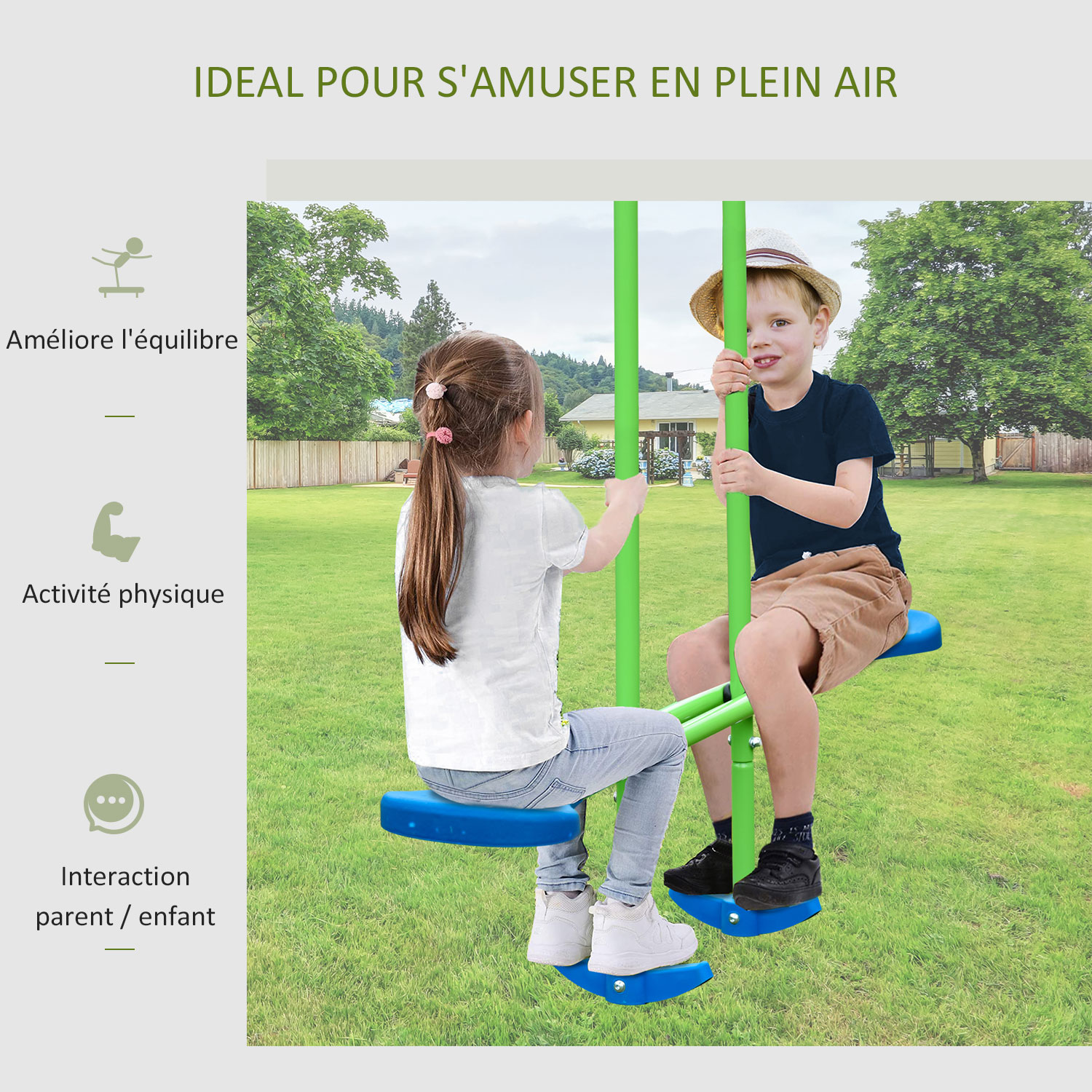 Portique De Jeux Outsunny 3 Agrès - 2 Balançoires + Face à Face - Métal Vert/Bleu 280x140x178cm