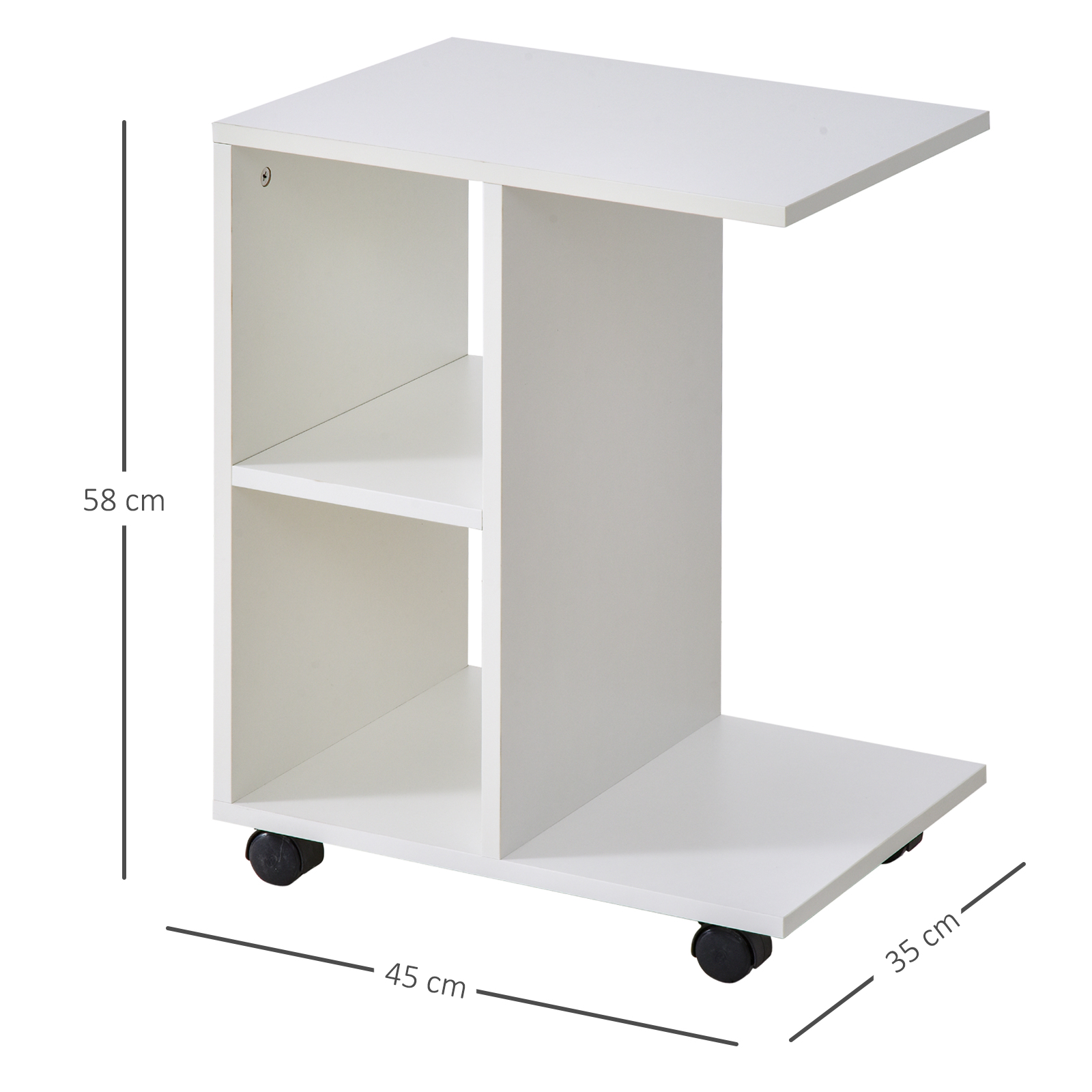 HOMCOM C-Shape End Table Unique Storage Unit w/ 2 Shelves 4 Wheels Freestanding Home Furniture Cabinet Square White 3