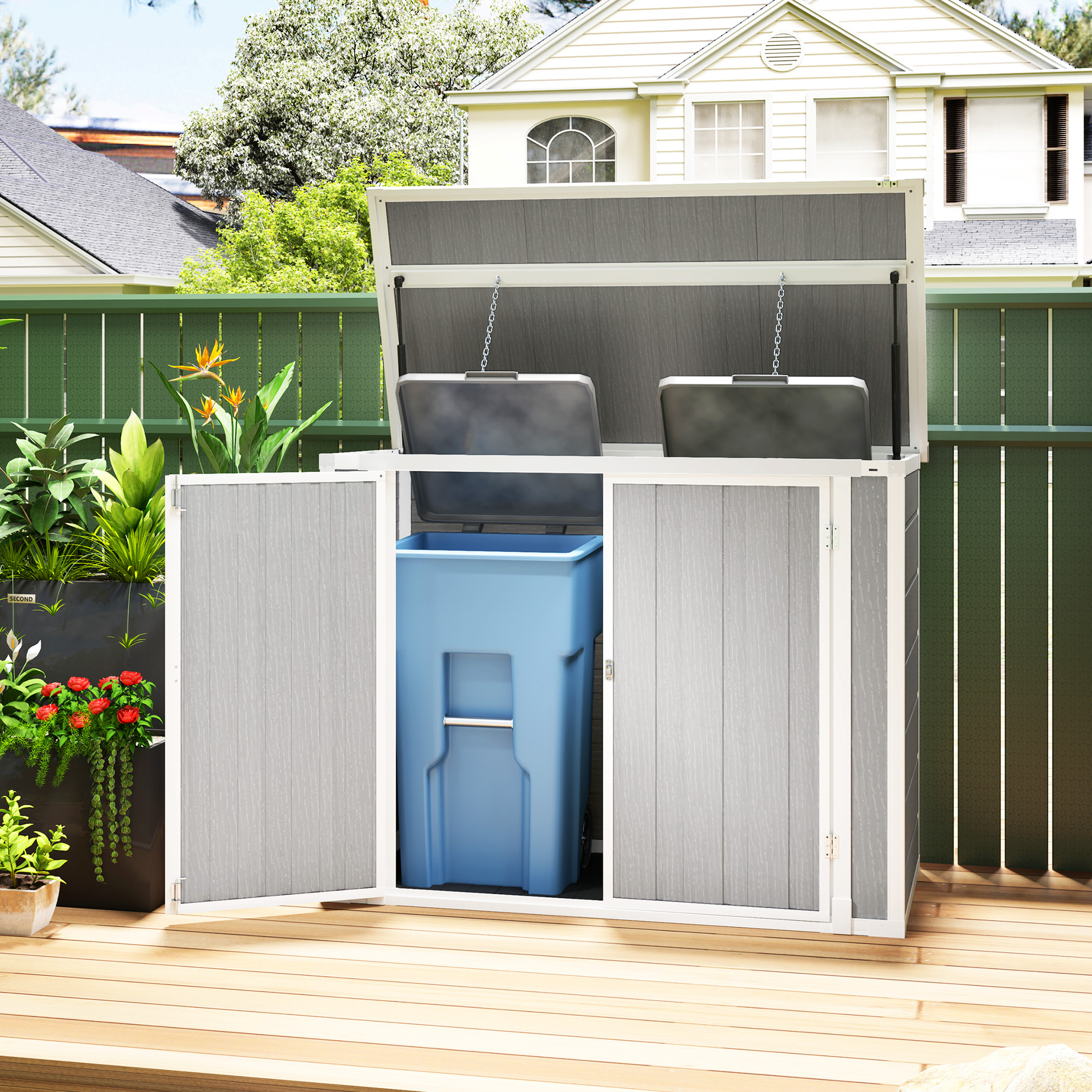 Outsunny 4.7 x 2.5FT Garden Shed, Lockable Outdoor Storage with Openable Lid, Small Shed for 2 Trash Cans, Tools, Patio, Light Grey 2